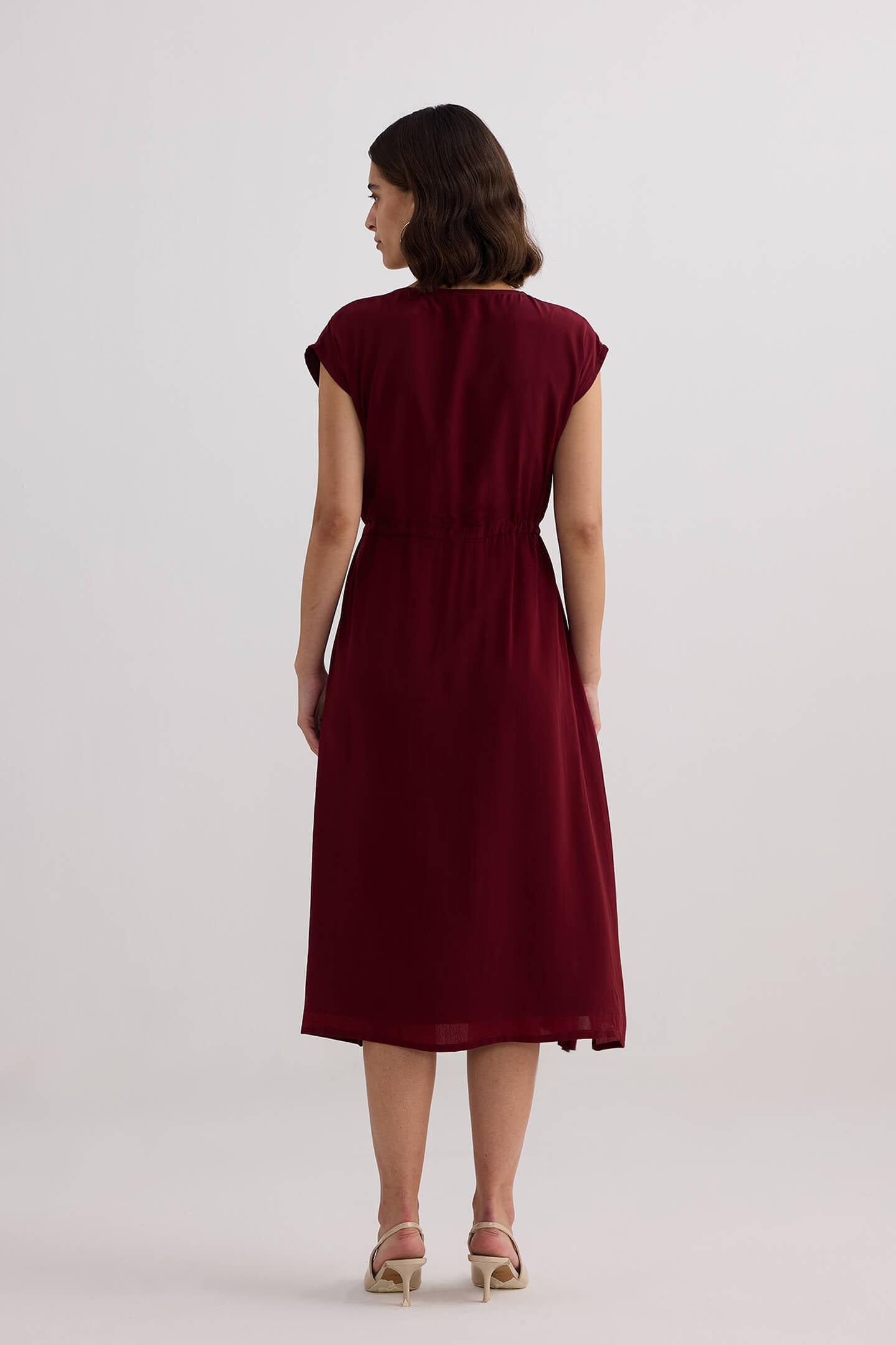 Deep V-neck Gathered Dress in Burgundy Back