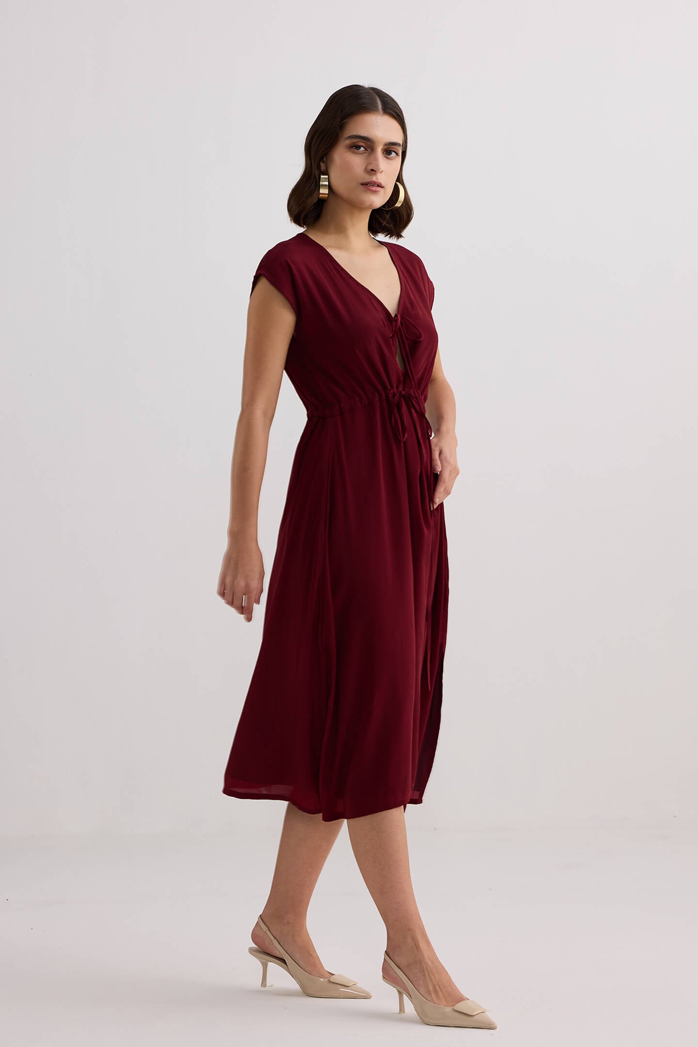 Deep V-neck Gathered Dress in Burgundy Side