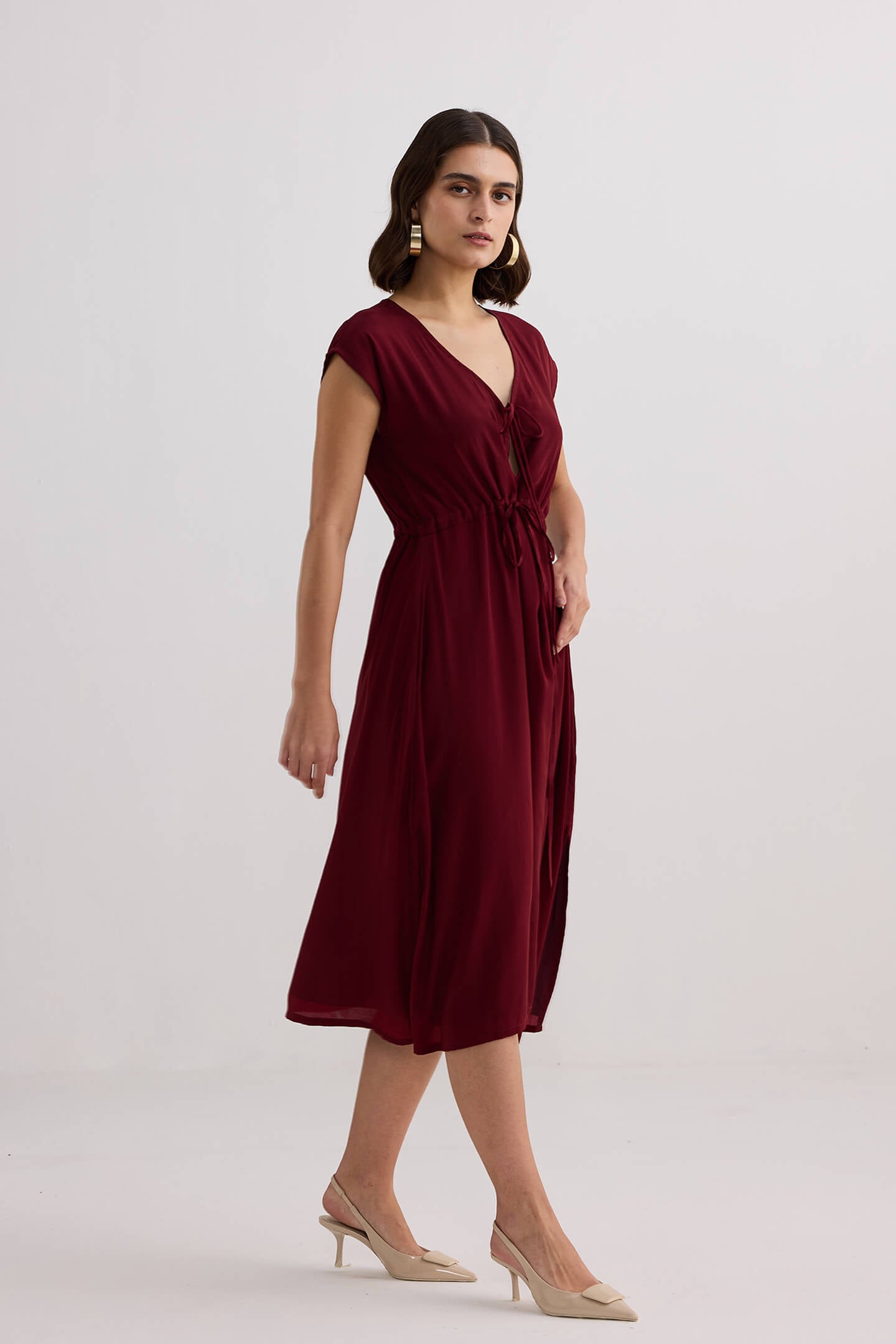 Deep V-neck Gathered Dress in Burgundy