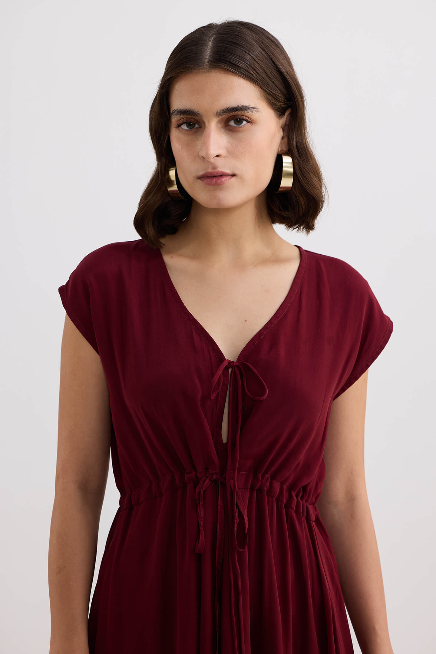 Deep V-neck Gathered Dress in Burgundy Closeup