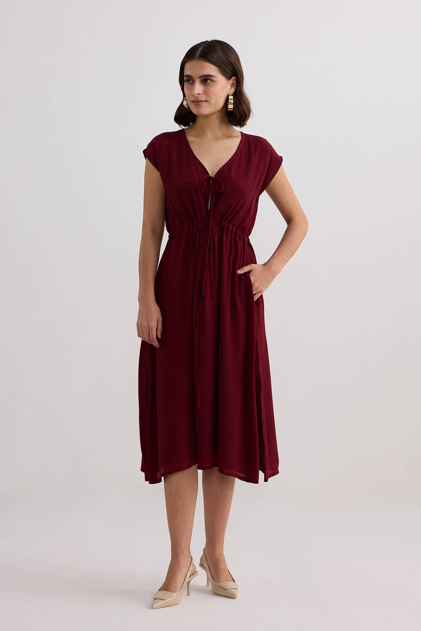 Deep V-neck Gathered Dress in Burgundy Front