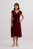 Deep V-neck Gathered Dress in Burgundy