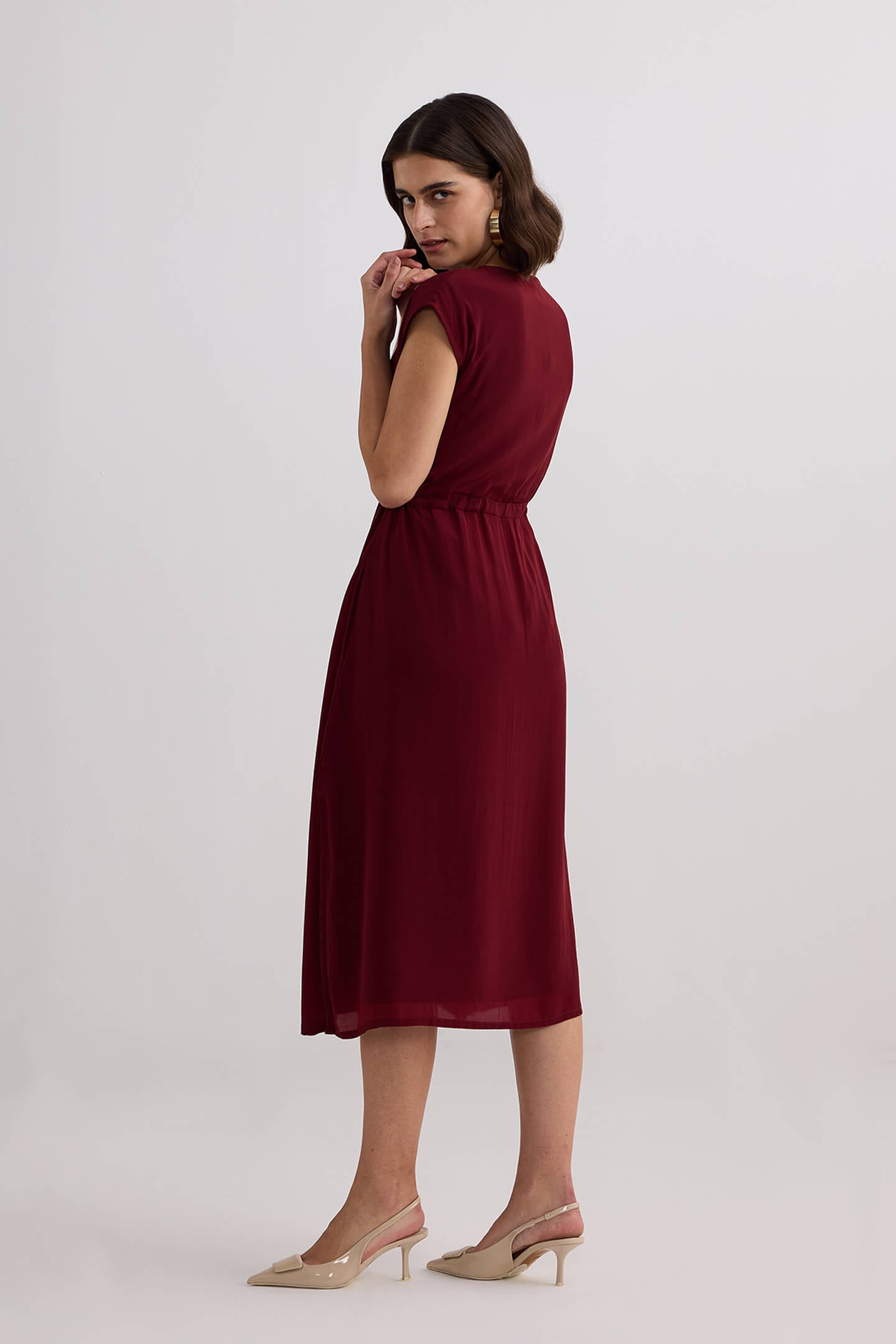 Deep V-neck Gathered Dress in Burgundy