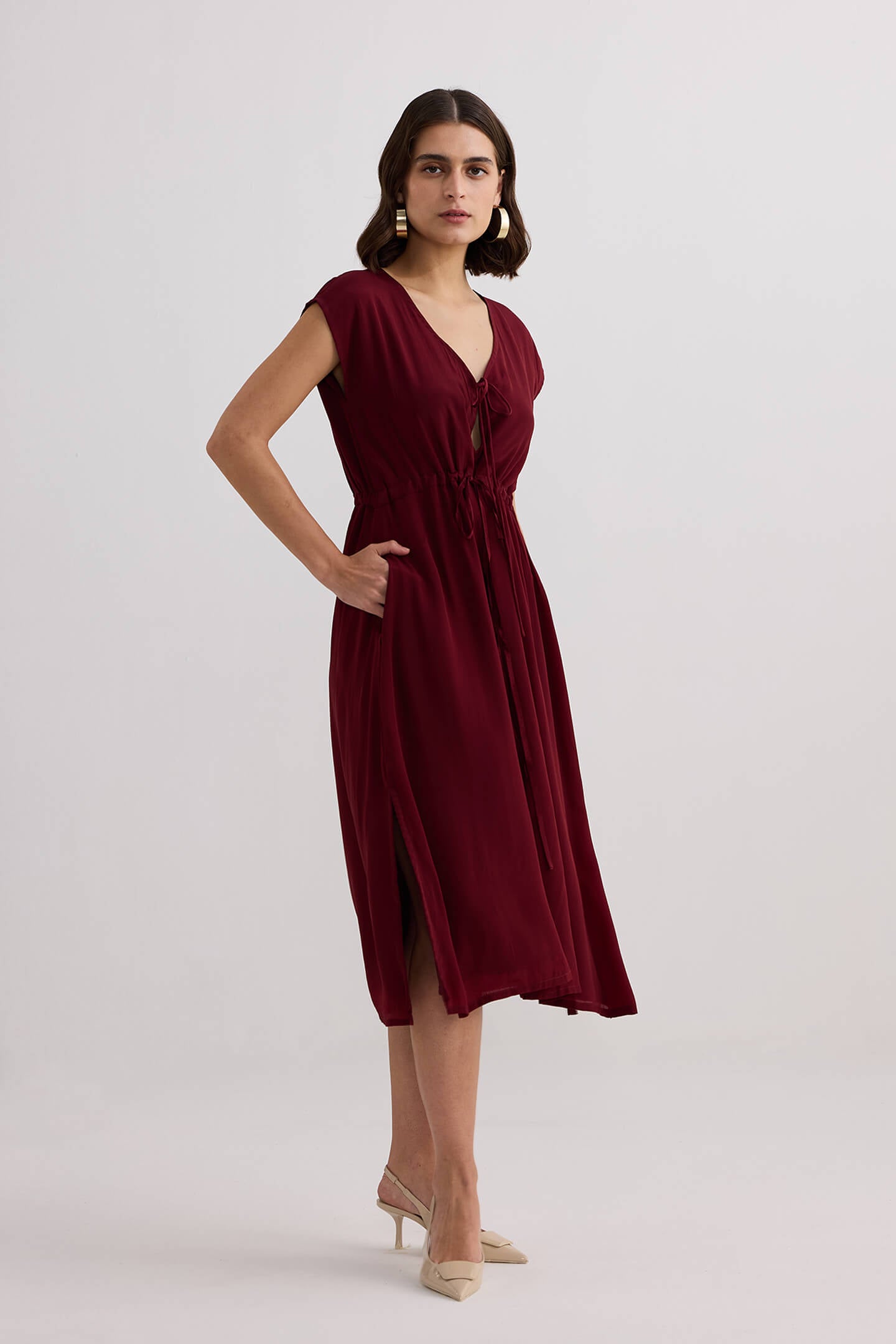 Deep V-neck Gathered Dress in Burgundy Front