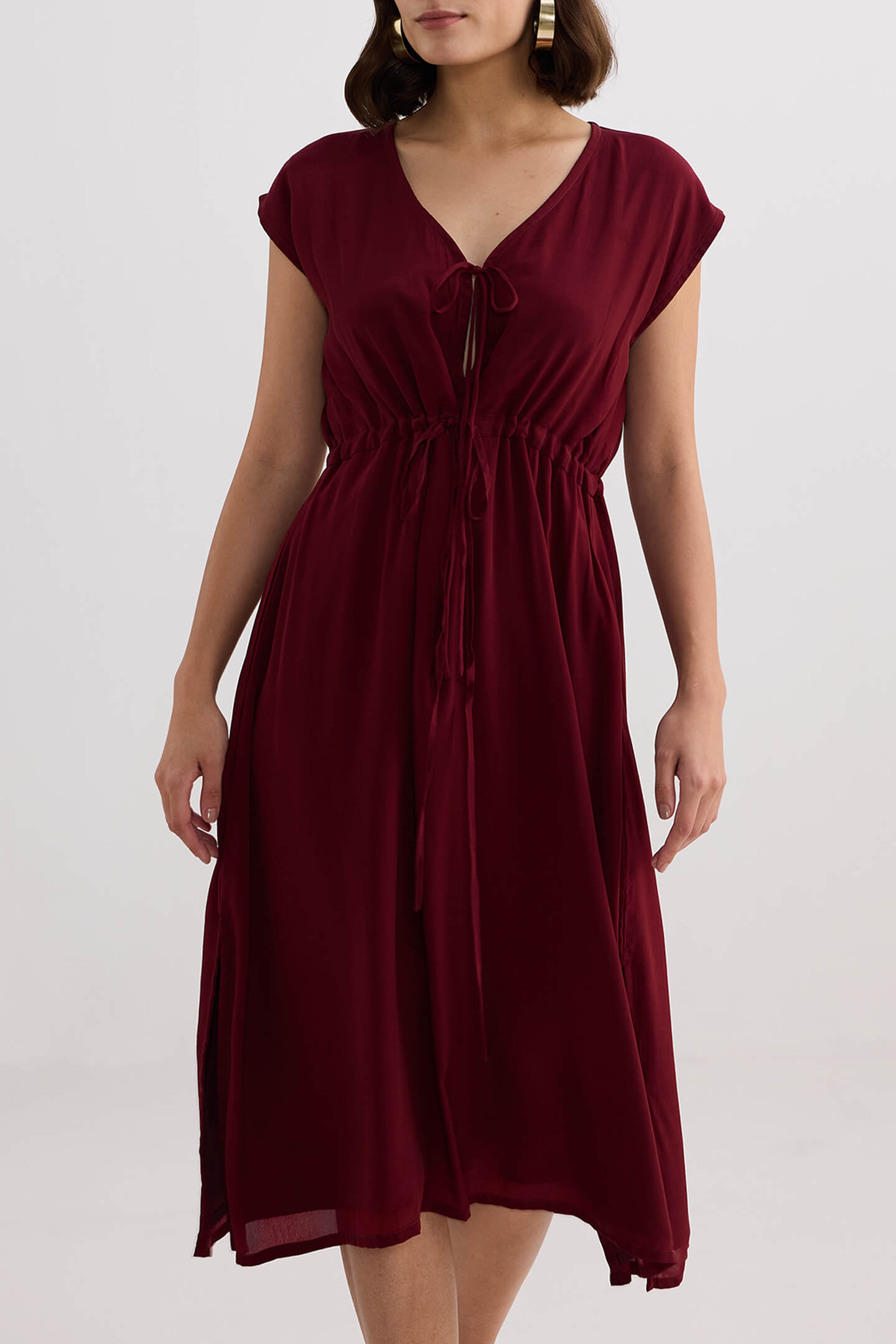 Deep V-neck Gathered Dress in Burgundy Closeup