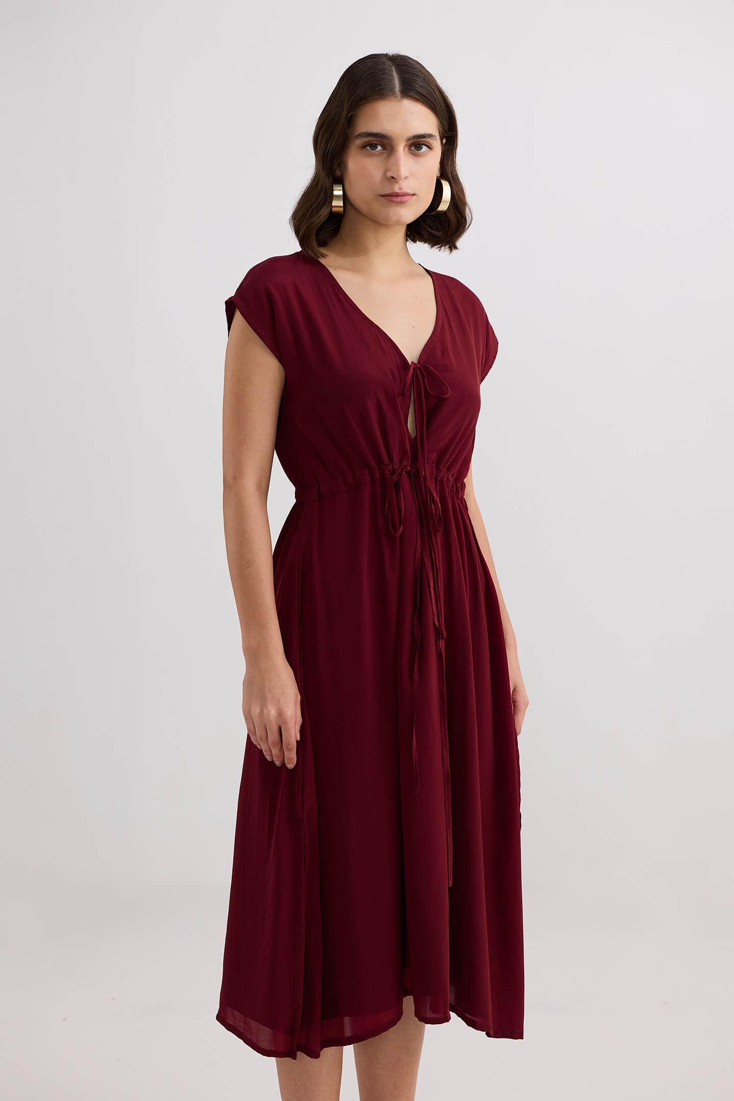 Deep V-neck Gathered Dress in Burgundy Front