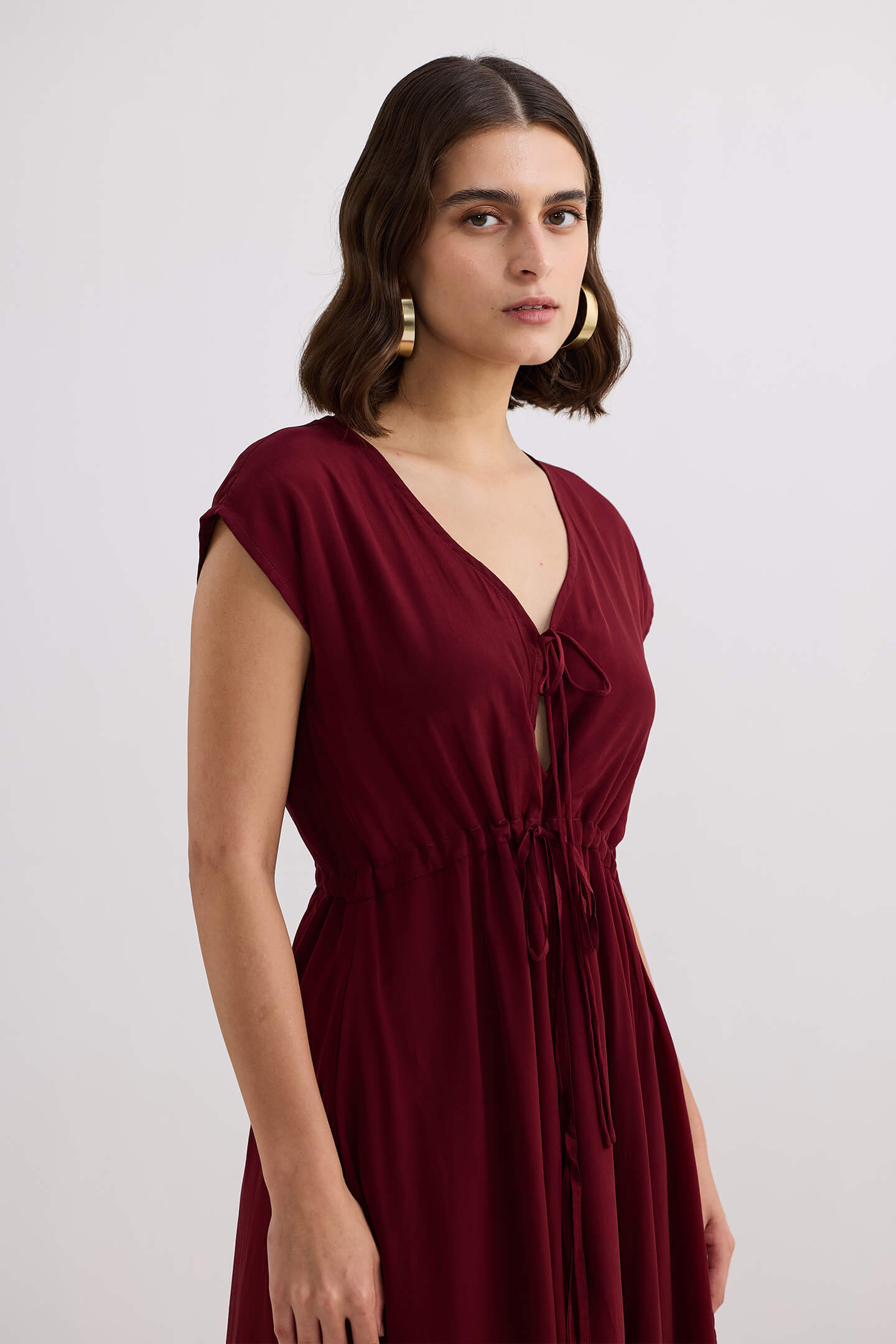 Deep V-neck Gathered Dress in Burgundy Closeup