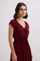 Deep V-neck Gathered Dress in Burgundy