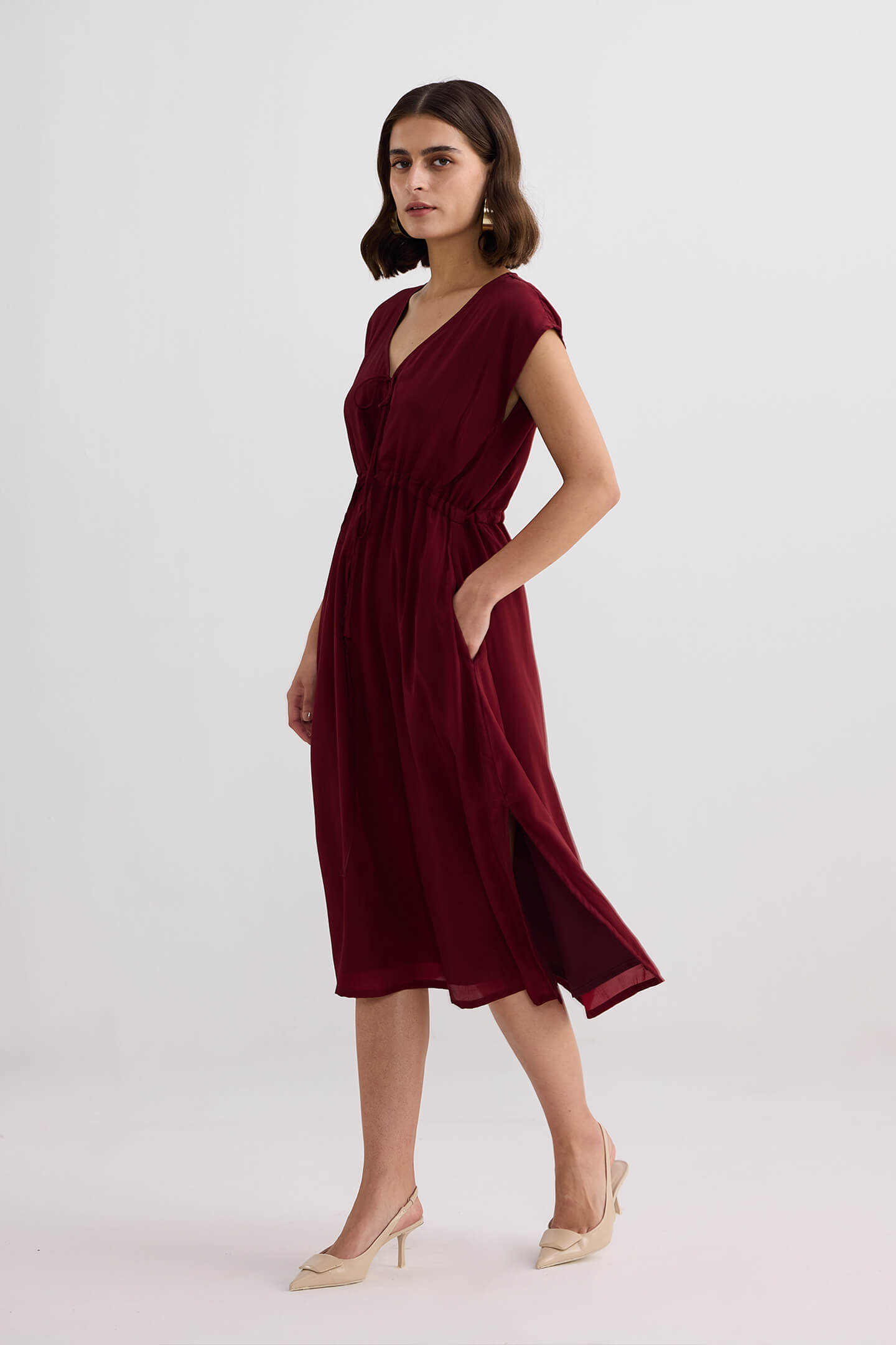 Deep V-neck Gathered Dress in Burgundy Side 