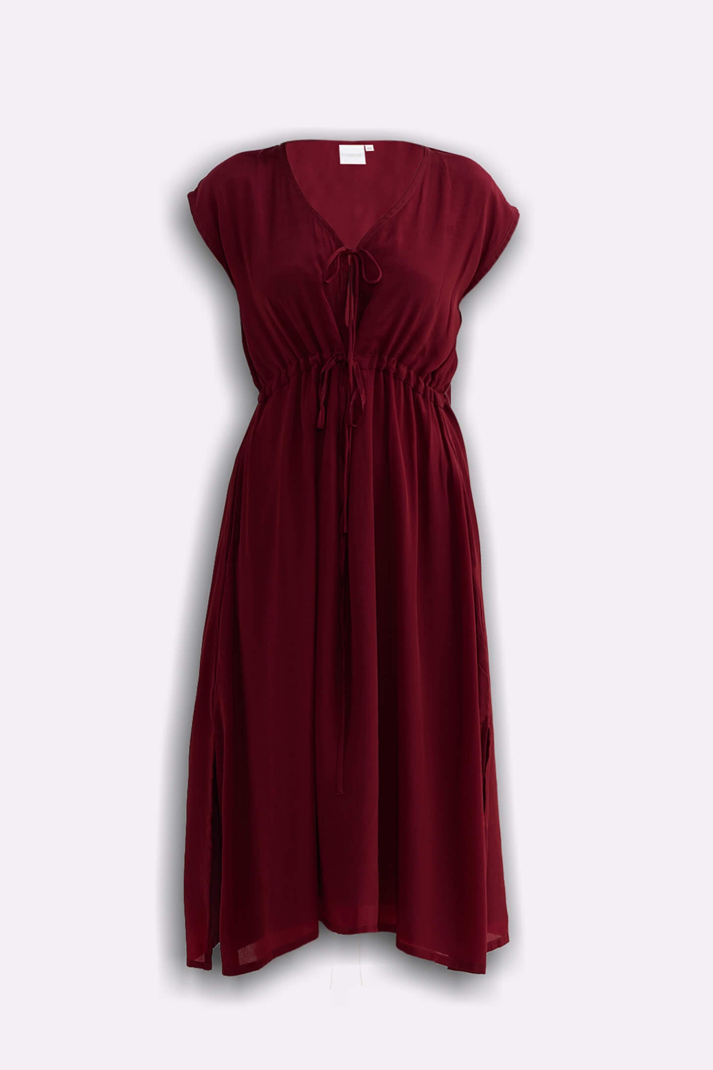 Deep V-neck Gathered Dress in Burgundy