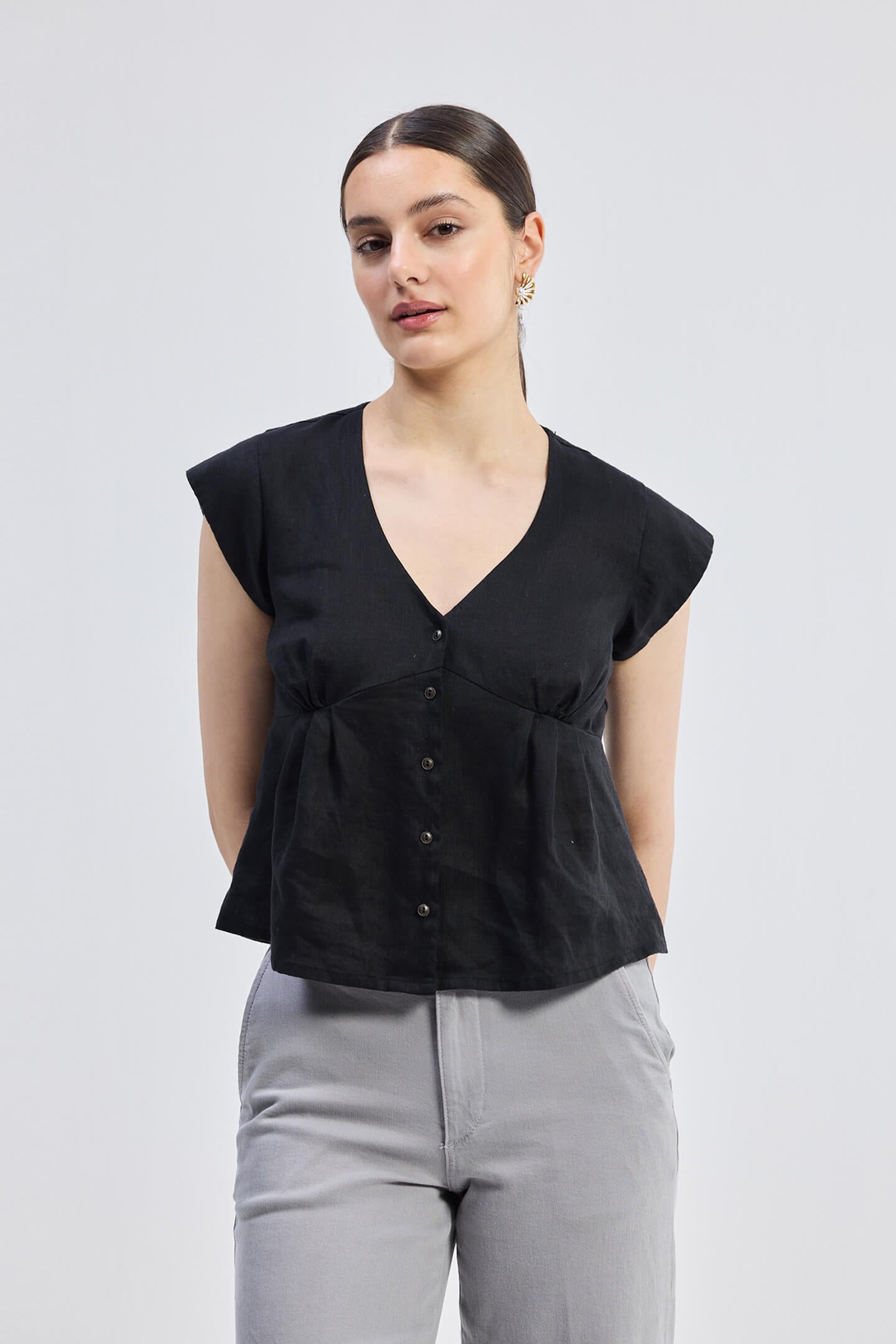 Deep V-neck short top in Black Front