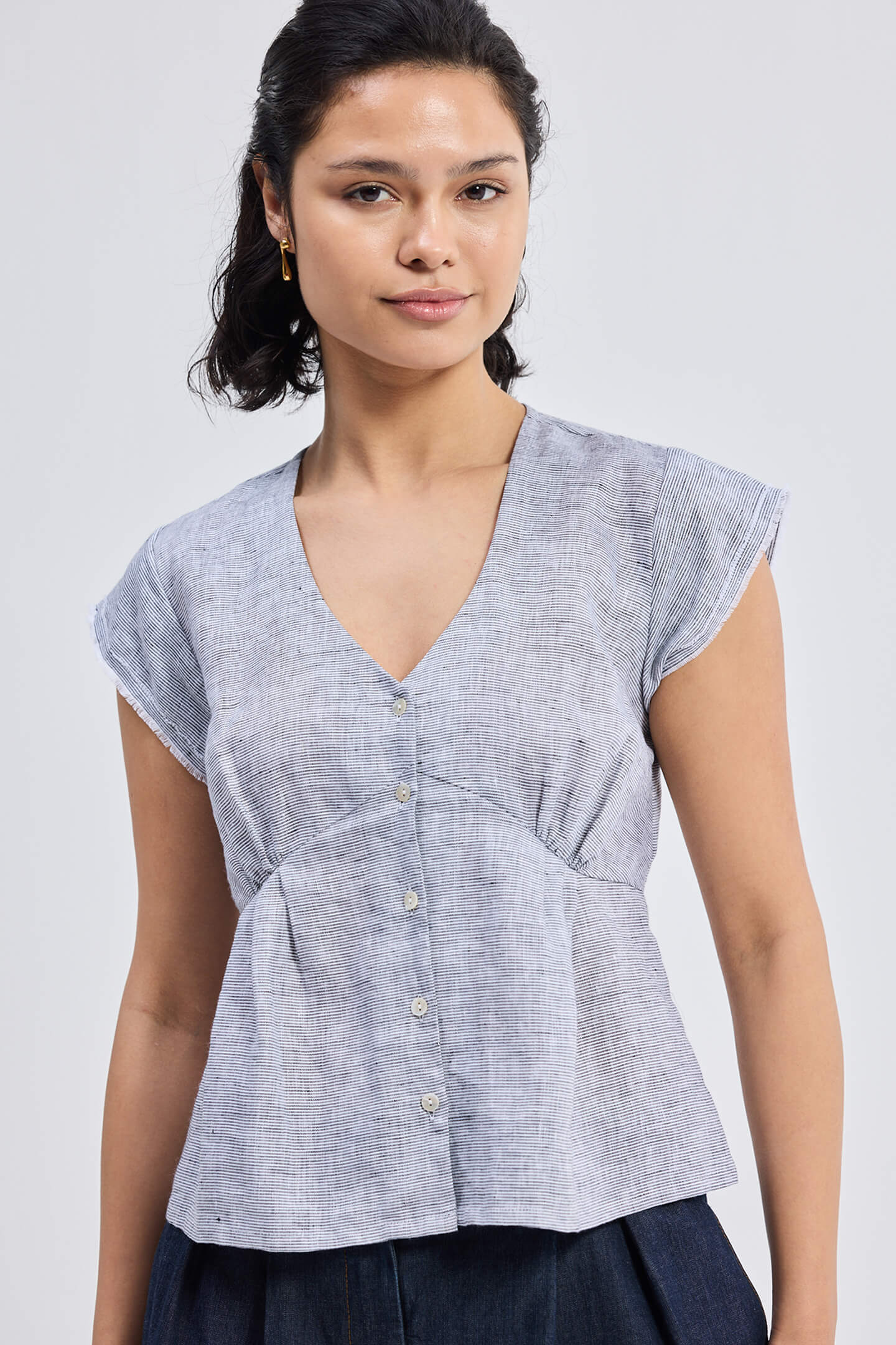 Deep V-neck short top in Linen Stripes Front