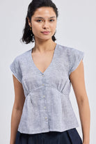 Deep V-neck short top in Linen Stripes