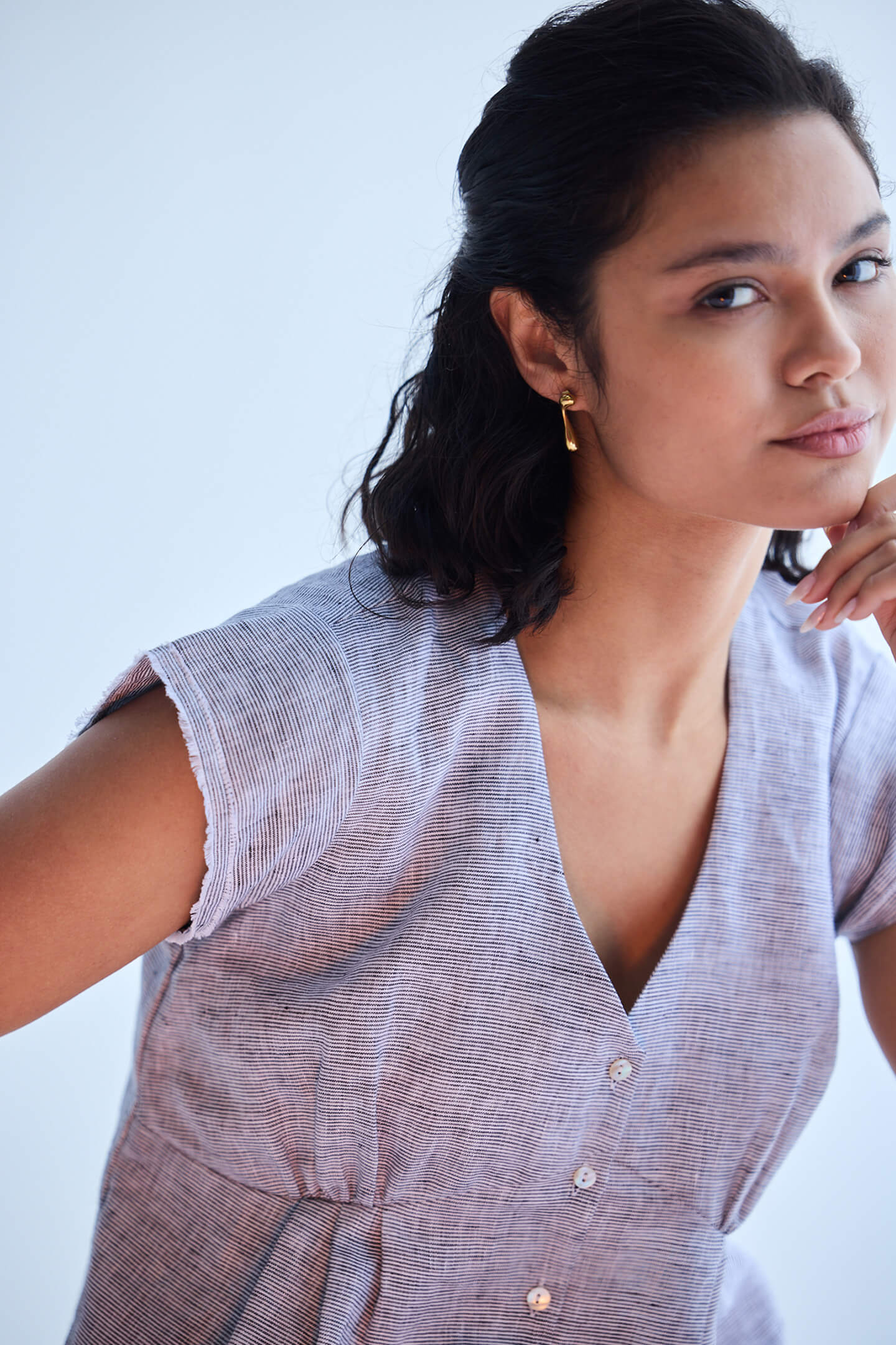Deep V-neck short top in Linen Stripes Front