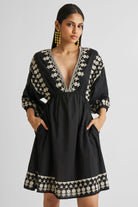 Deep V Embroidered Dress in Black