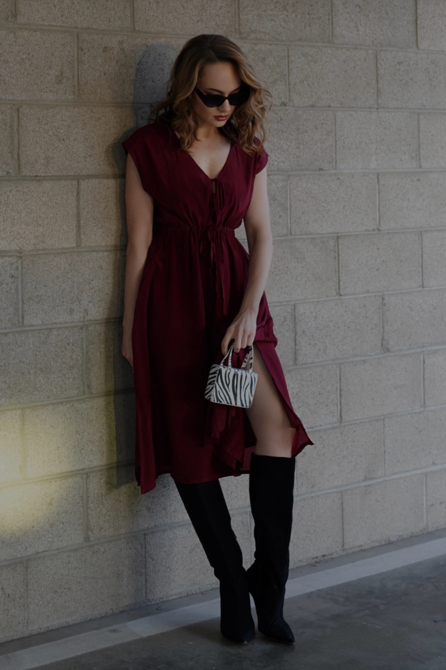 Deep V-neck Gathered Dress in Burgundy Outdoor