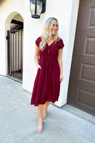 Deep V-neck Gathered Dress in Burgundy