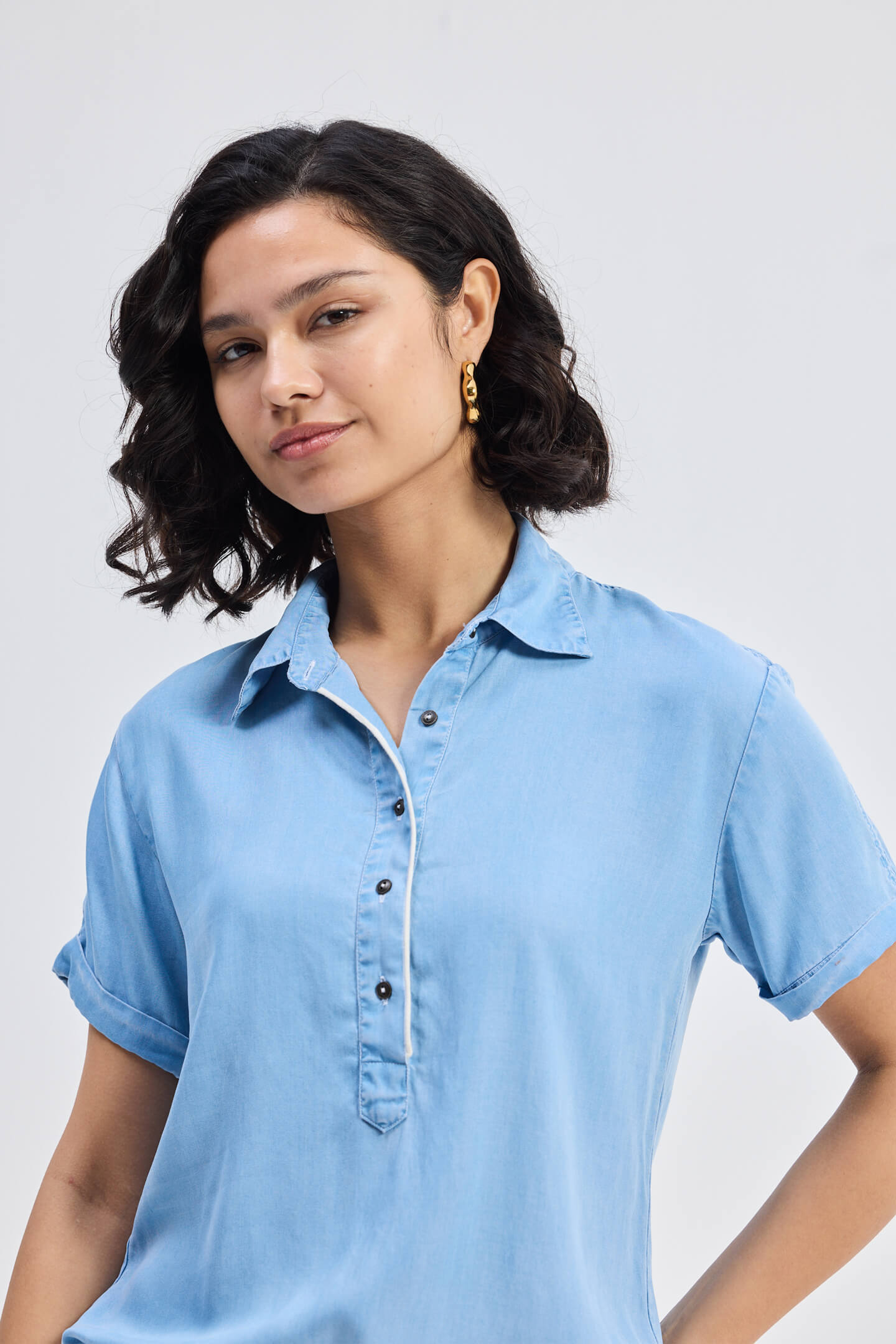 Drawstring Denim Shirt Dress with Front Buttons in Blue Closeup