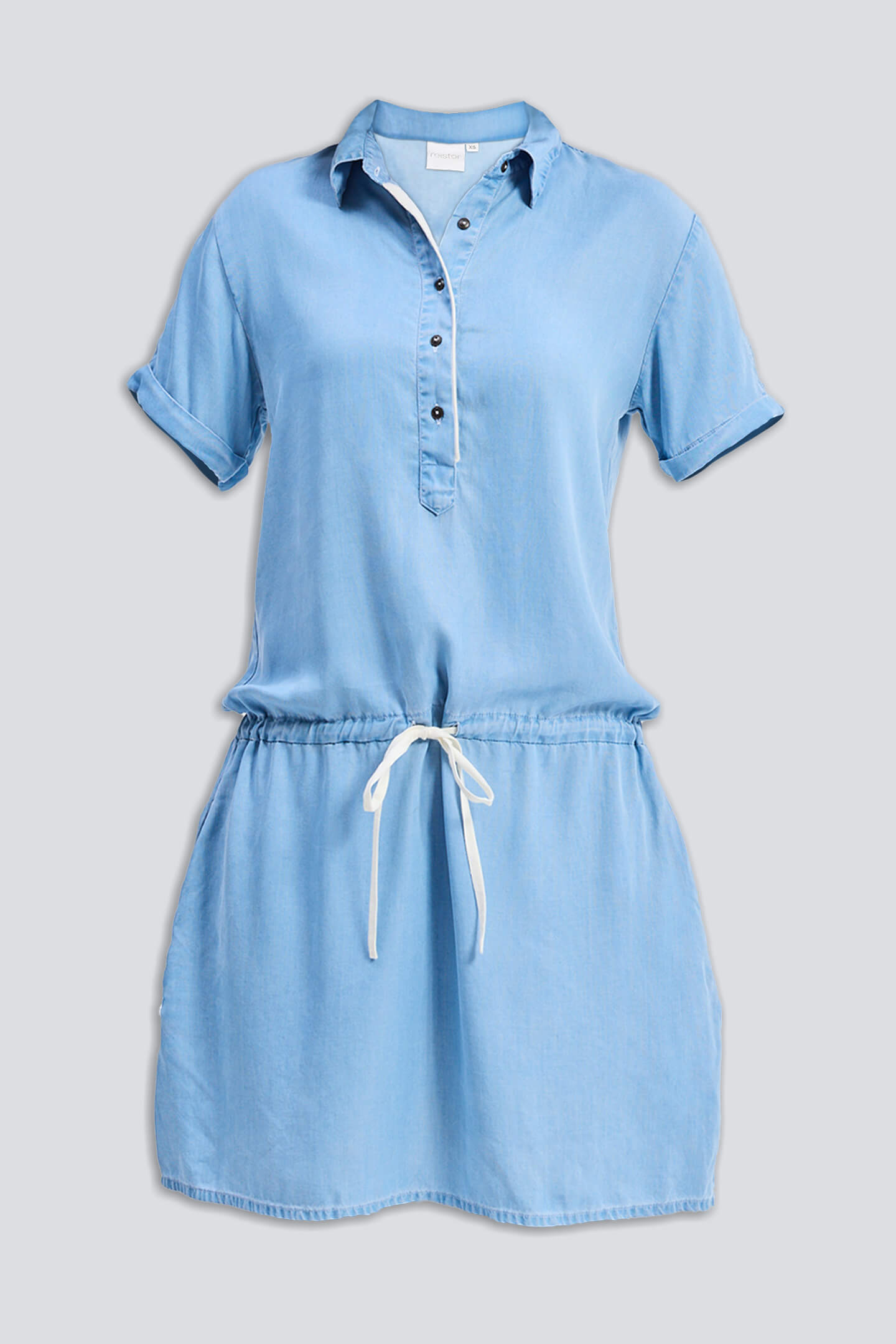 Drawstring Denim Shirt Dress with Front Buttons in Blue Flat Lay