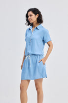 Drawstring Denim Shirt Dress with Front Buttons in Blue