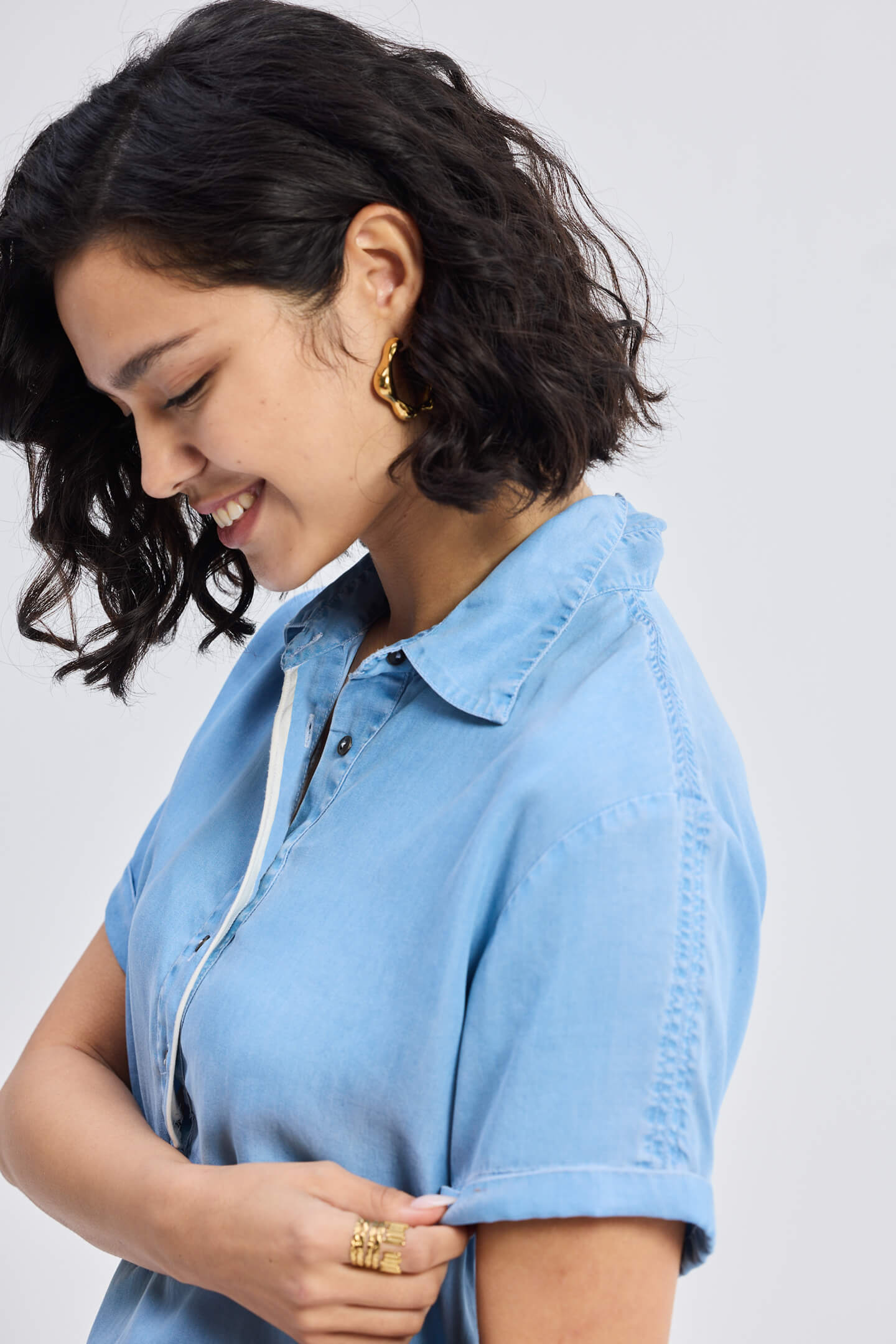 Drawstring Denim Shirt Dress with Front Buttons in Blue