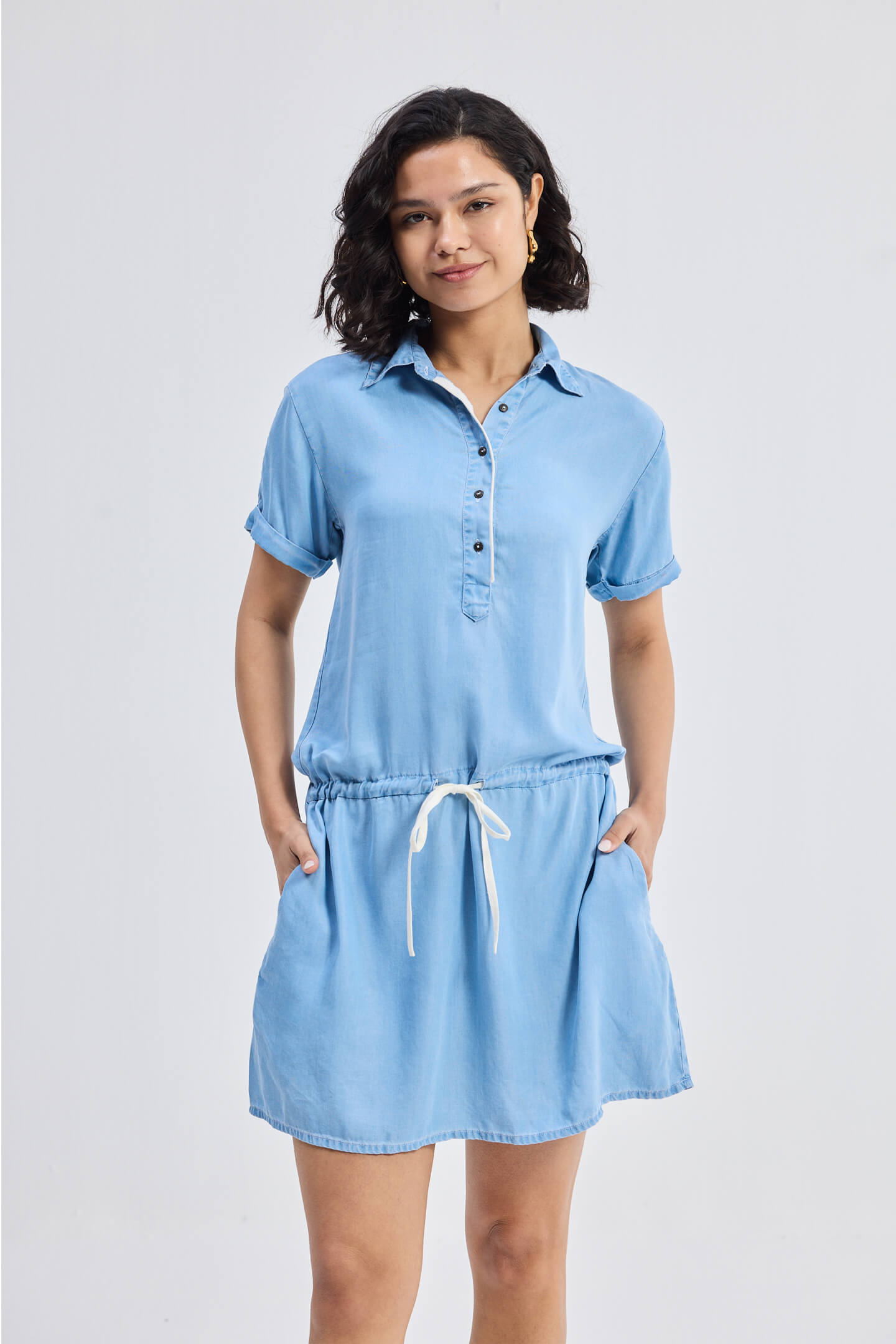Drawstring Denim Shirt Dress with Front Buttons in Blue Front