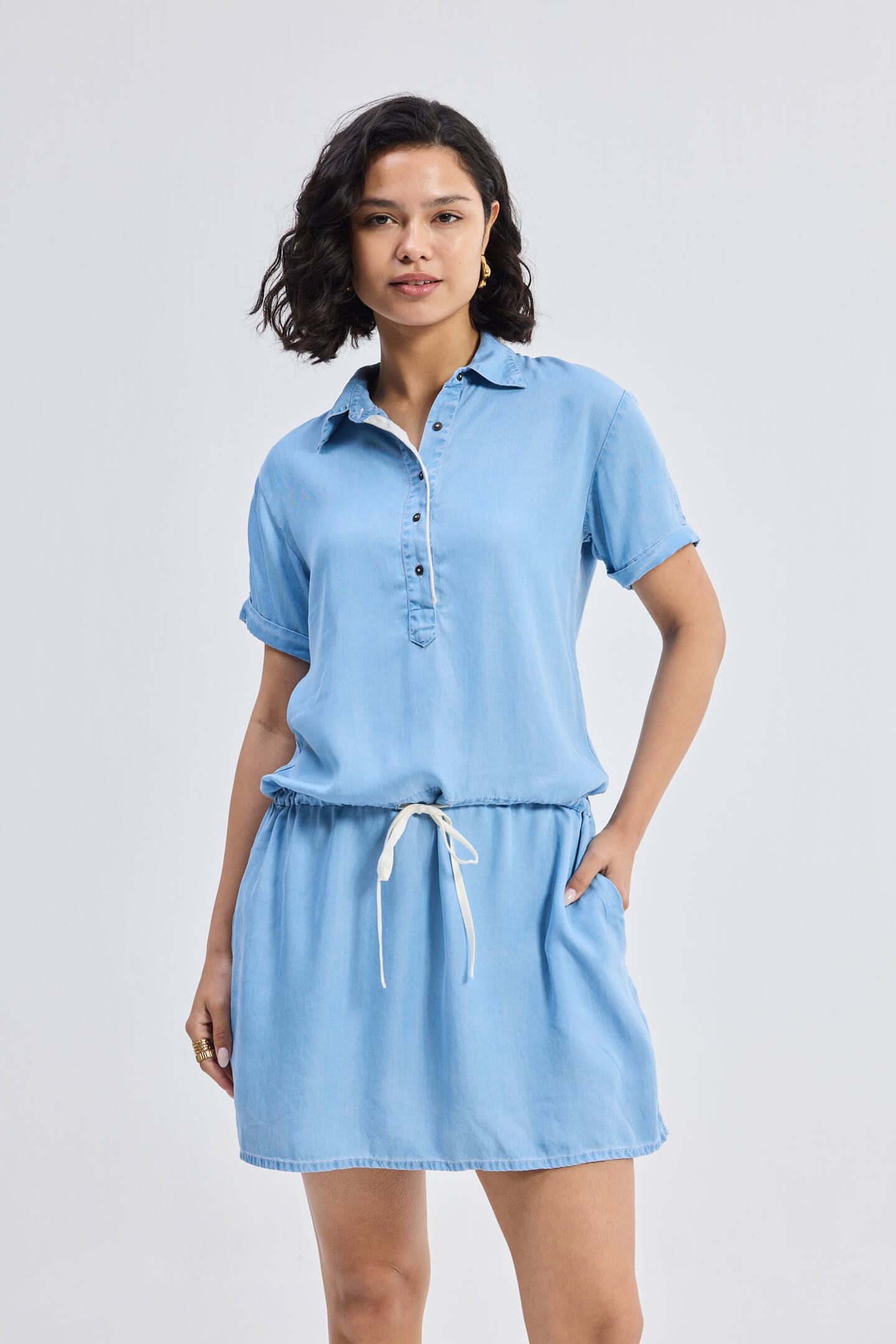 Drawstring Denim Shirt Dress with Front Buttons in Blue Front