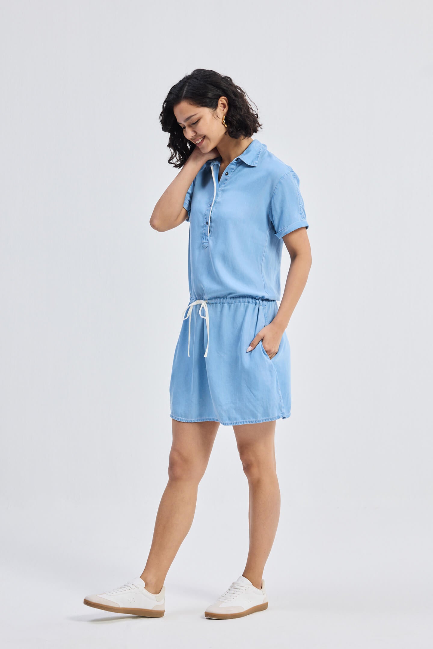 Drawstring Denim Shirt Dress with Front Buttons in Blue Moodshot