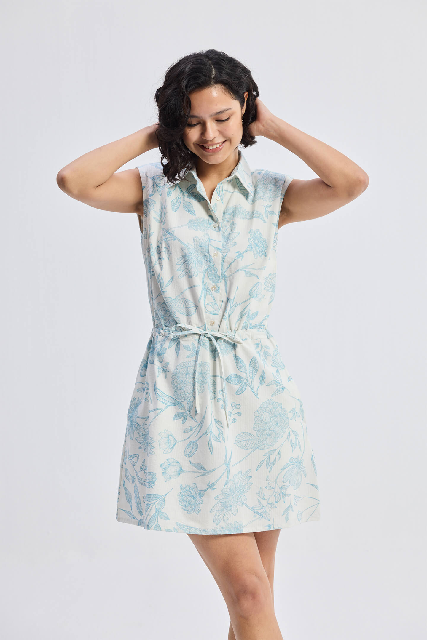 Drawstring Shirt Dress in Blue Florals Moodshot