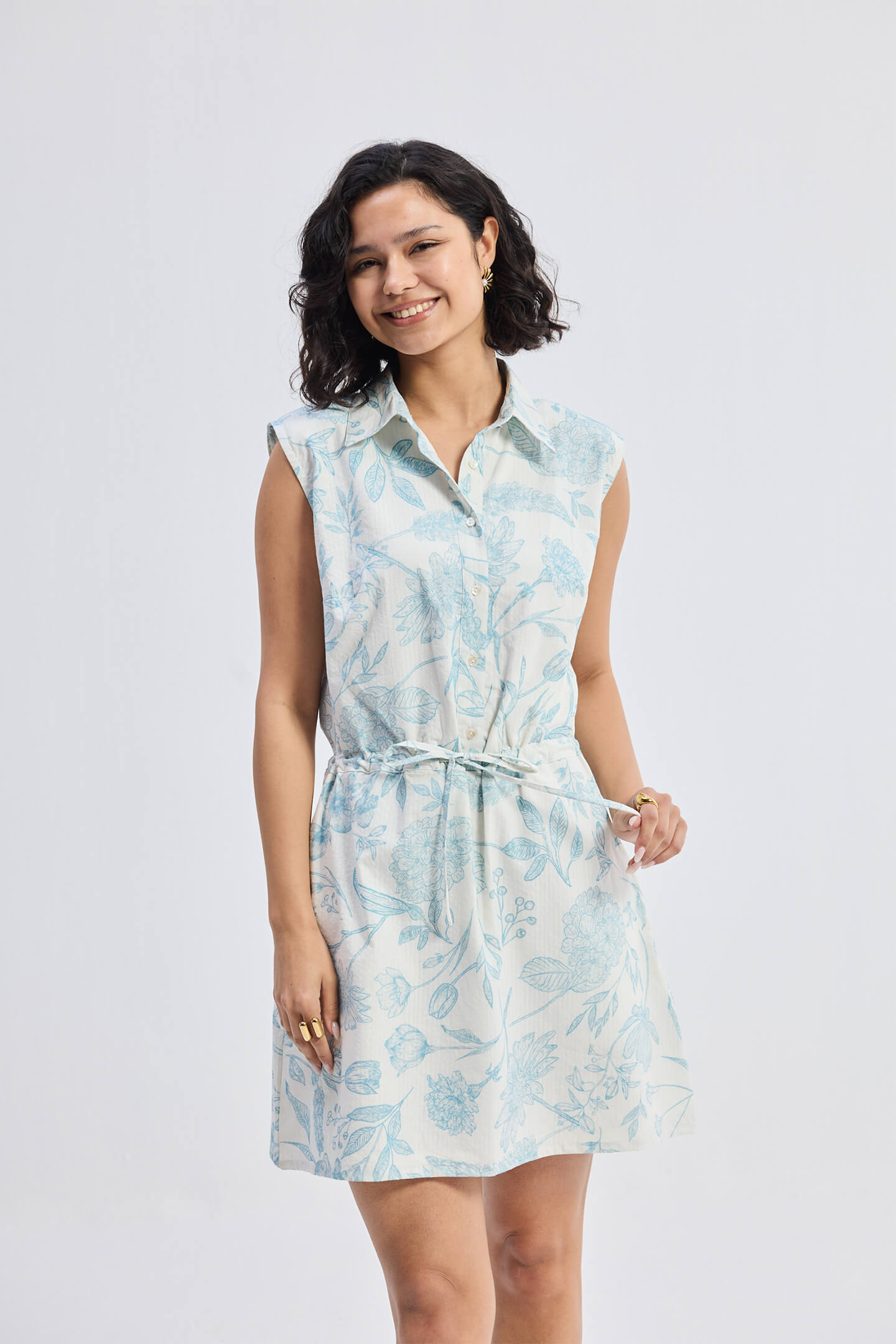 Drawstring Shirt Dress in Blue Florals Front