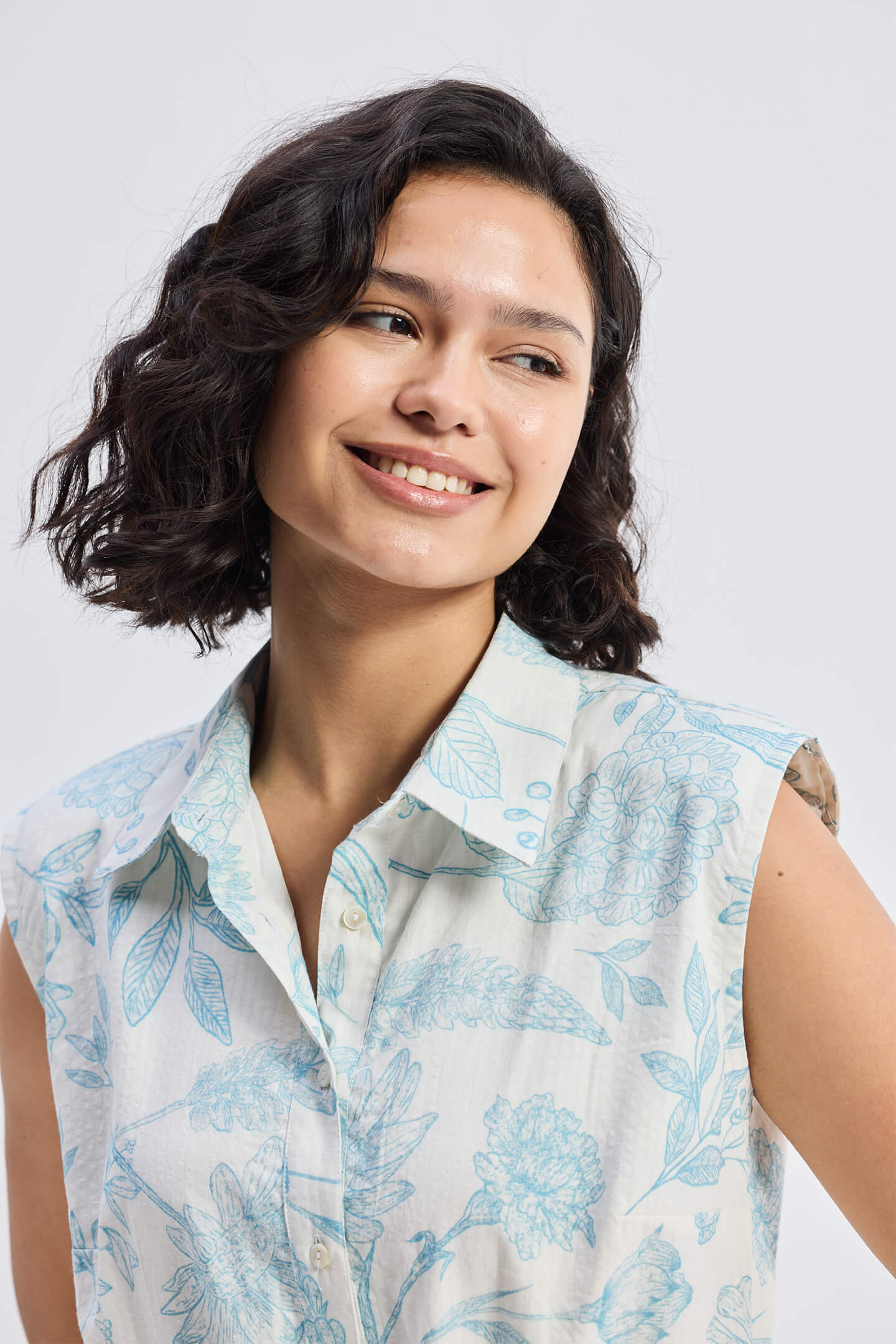 Drawstring Shirt Dress in Blue Florals closeup