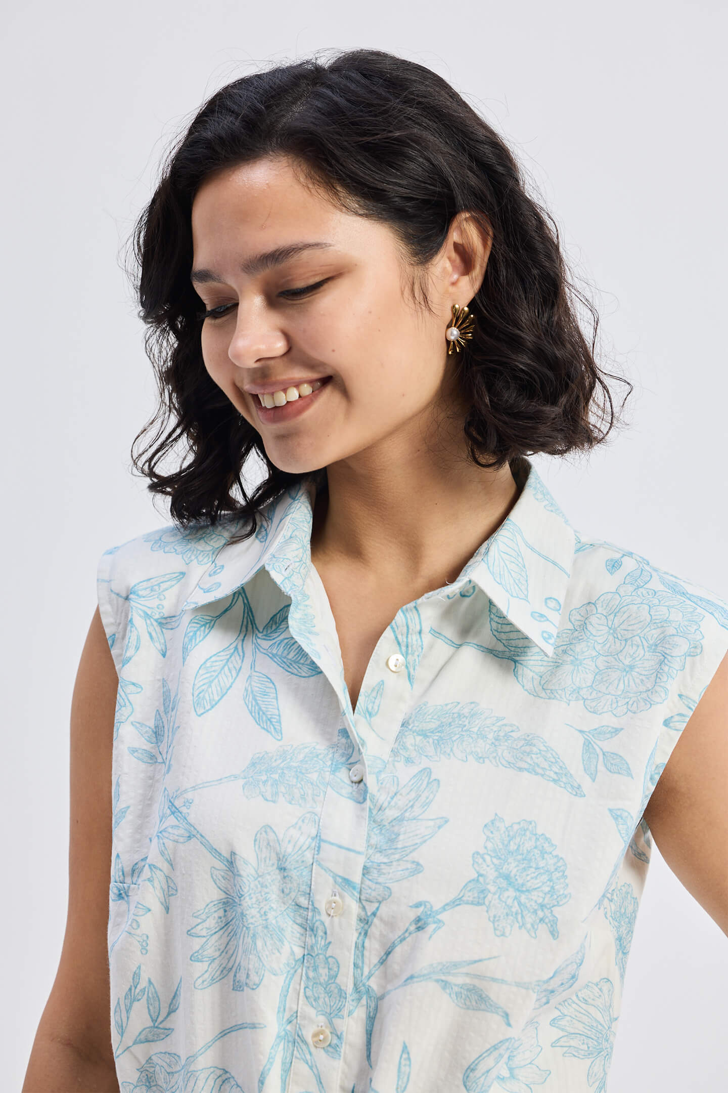 Drawstring Shirt Dress in Blue Florals Closeup