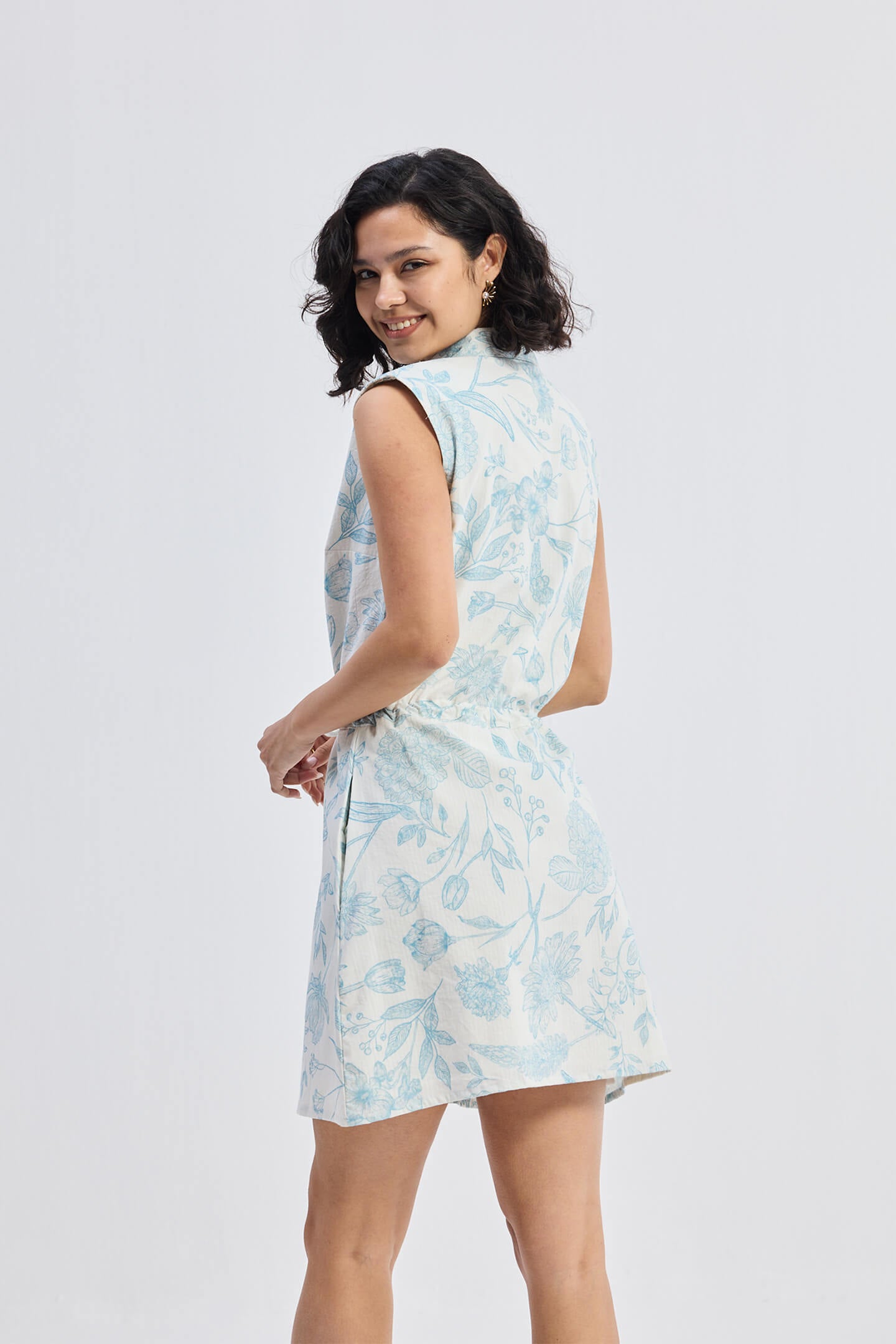 Drawstring Shirt Dress in Blue Florals Back