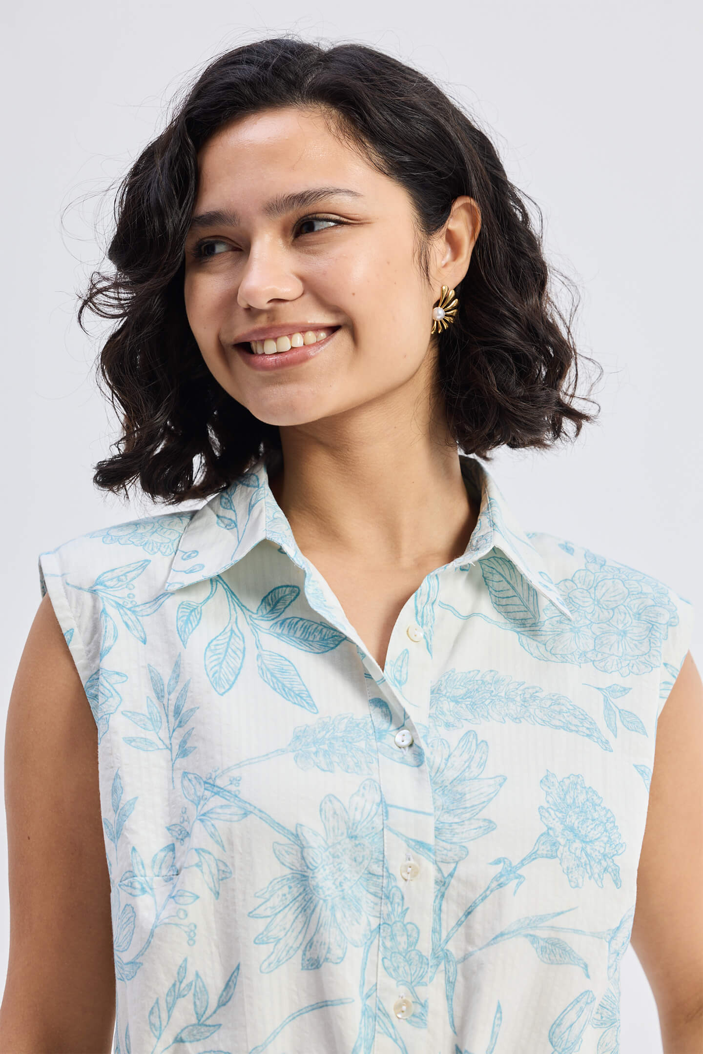 Drawstring Shirt Dress in Blue Florals Closeup