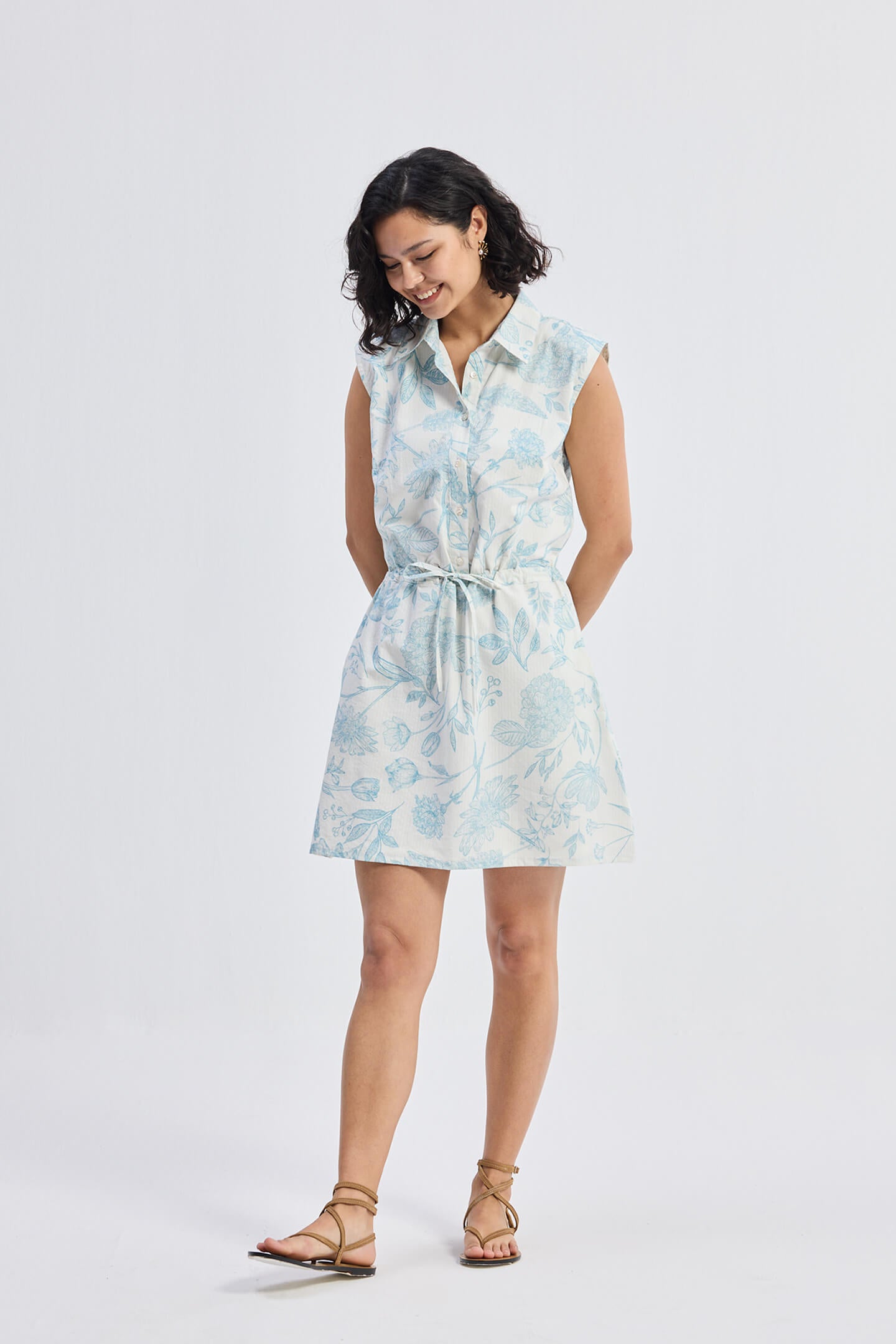 Drawstring Shirt Dress in Blue Florals Moodshot