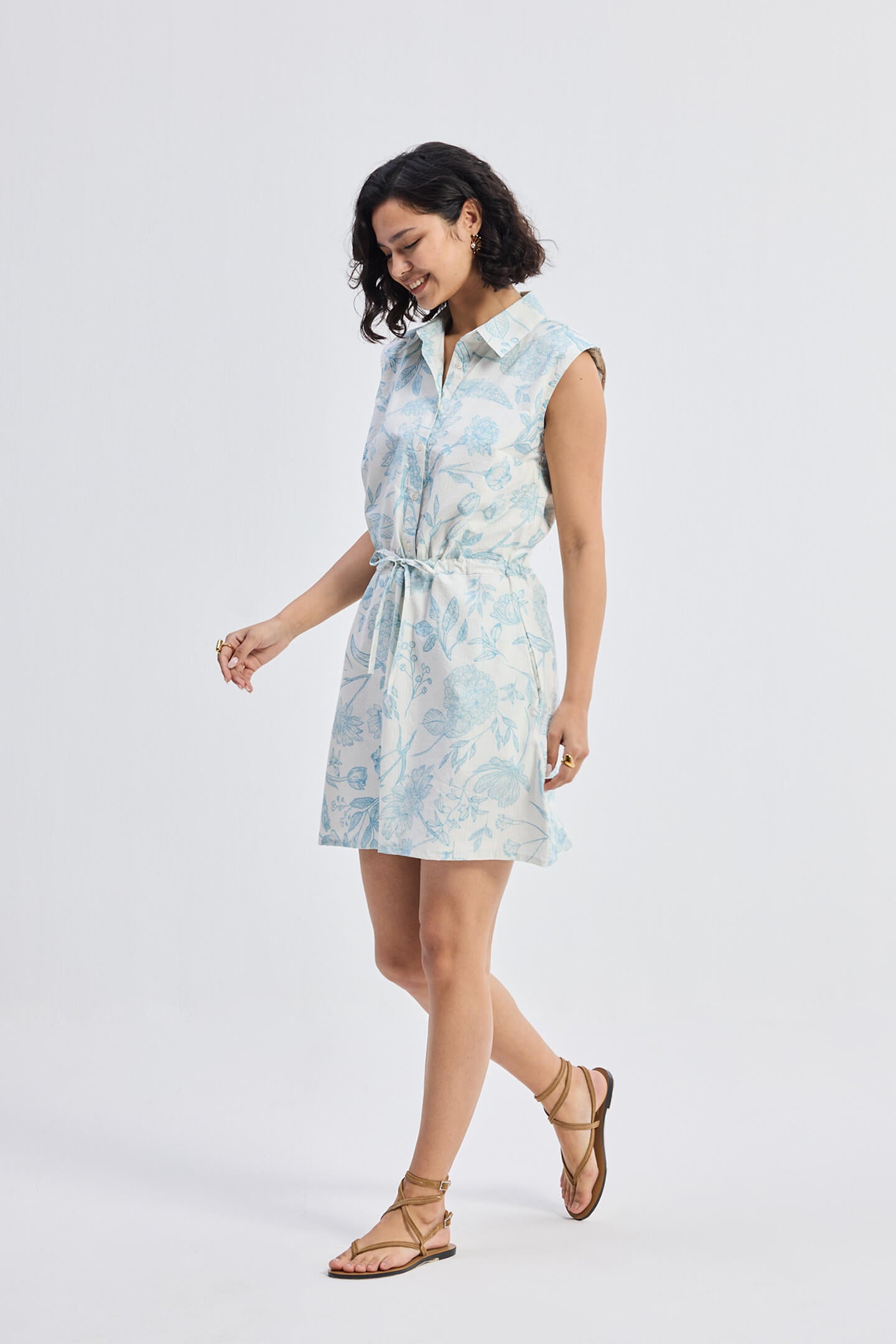 Drawstring Shirt Dress in Blue Florals Moodshot