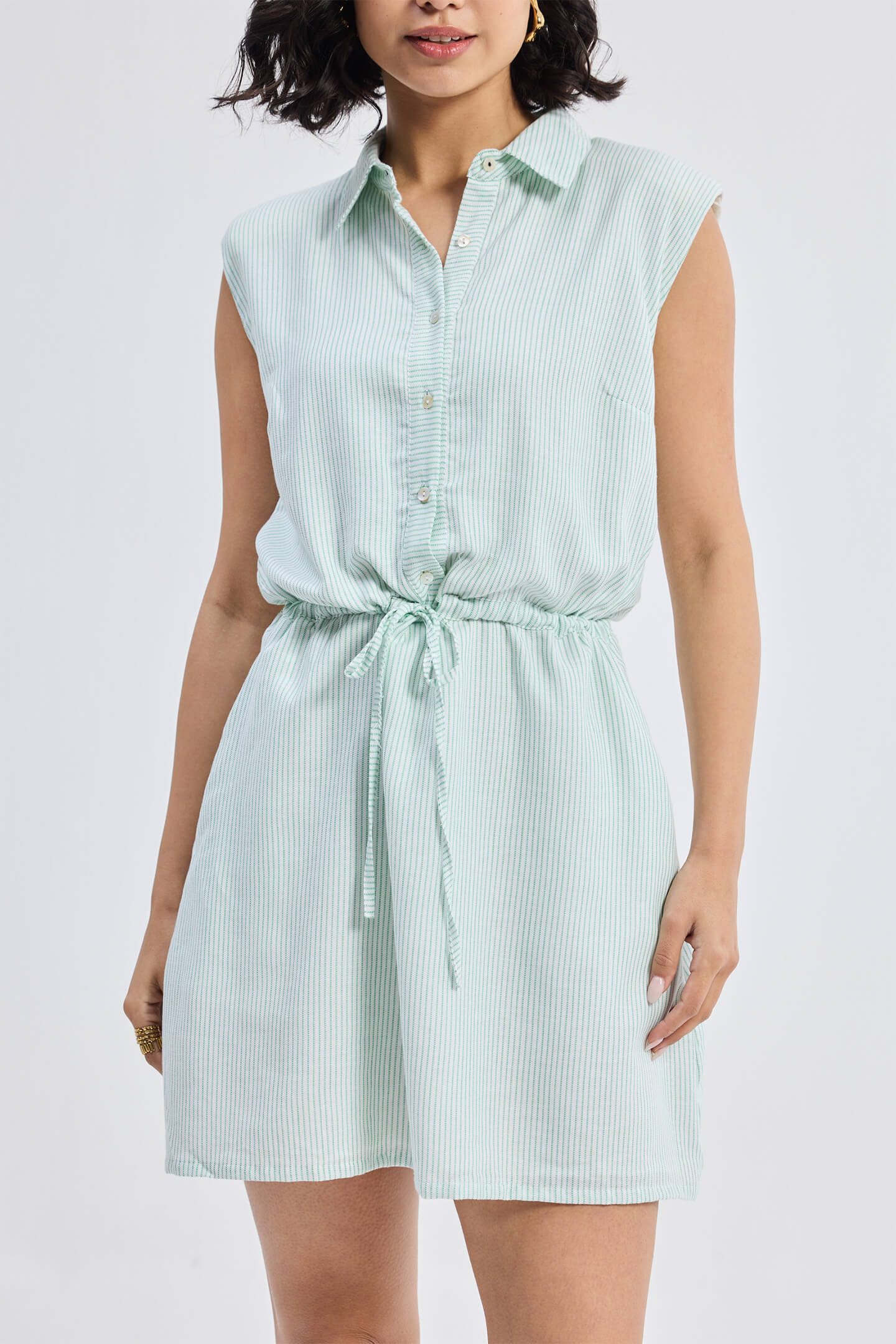 Drawstring Shirt Dress in Stripes Front