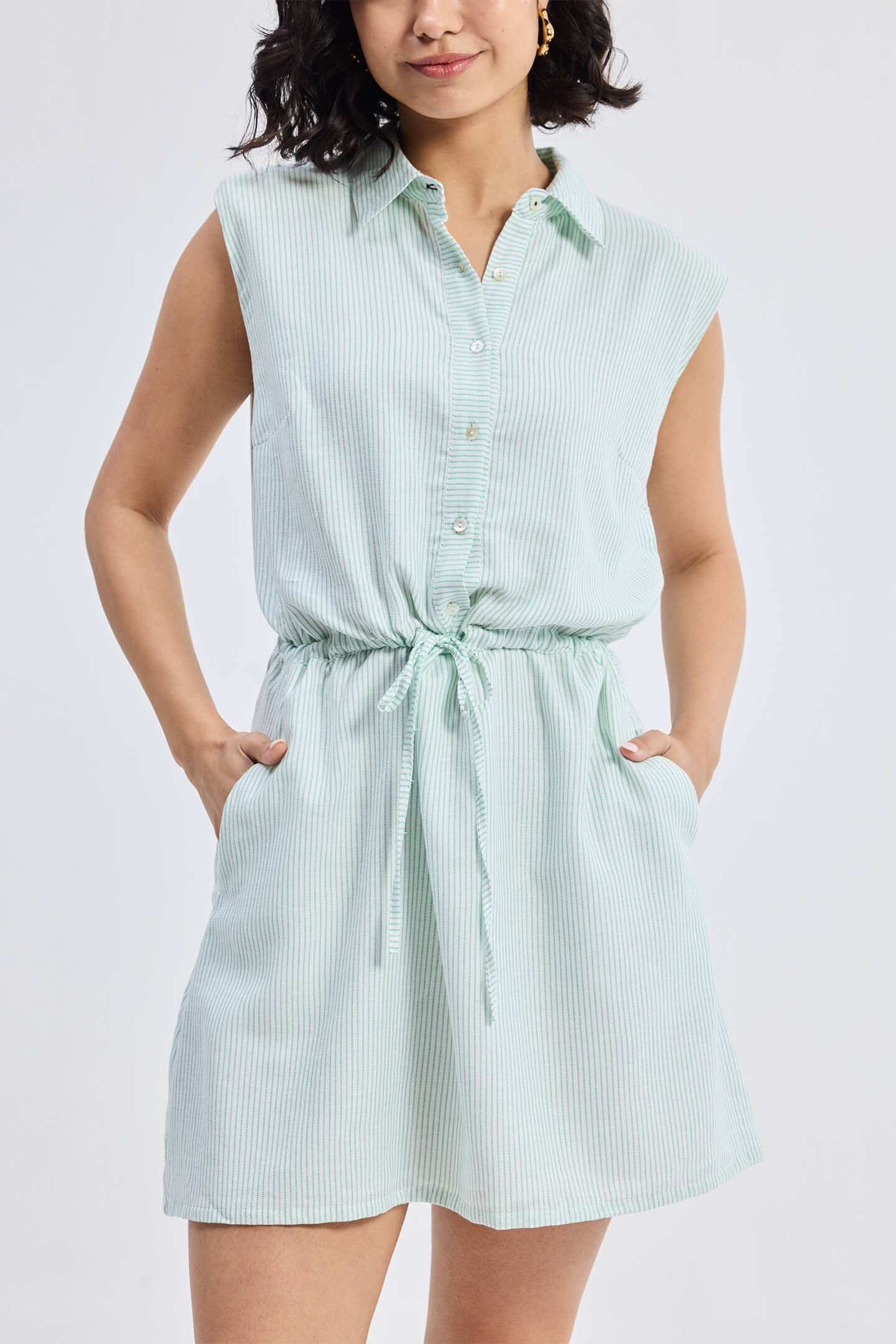 Drawstring Shirt Dress in Stripes Front