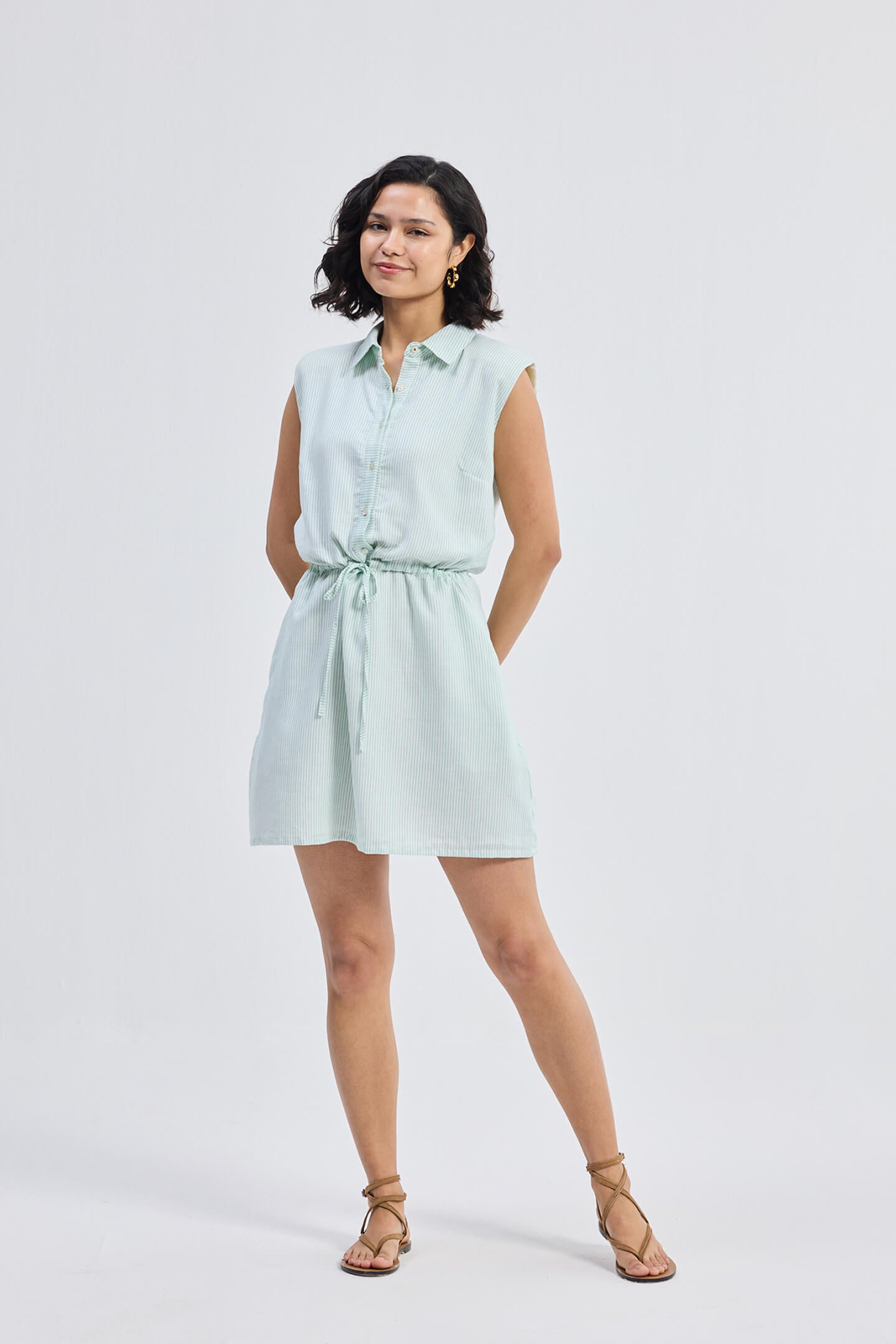 Drawstring Shirt Dress in Stripes Front