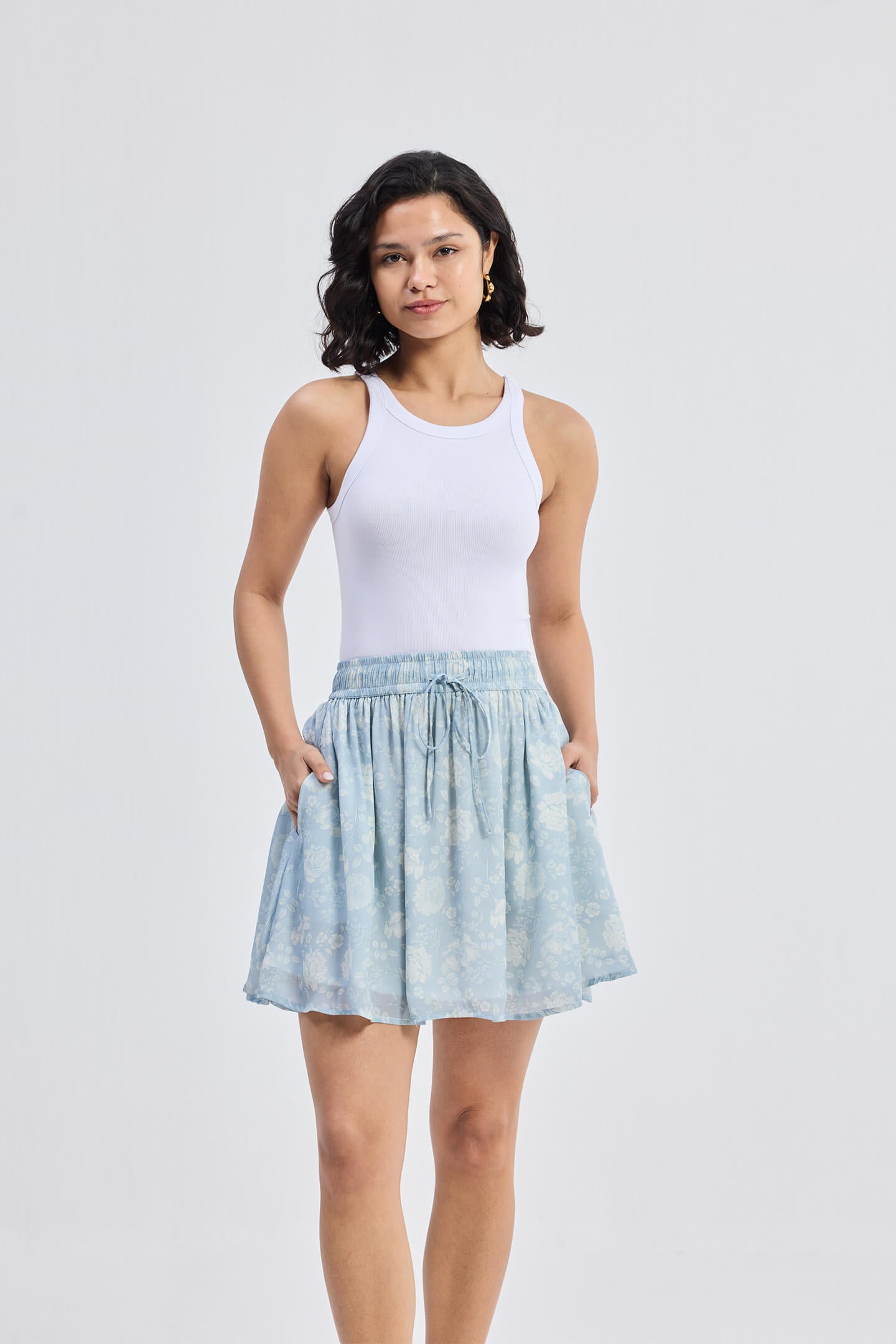 Drawstring Short Skirt in Blue Florals Front
