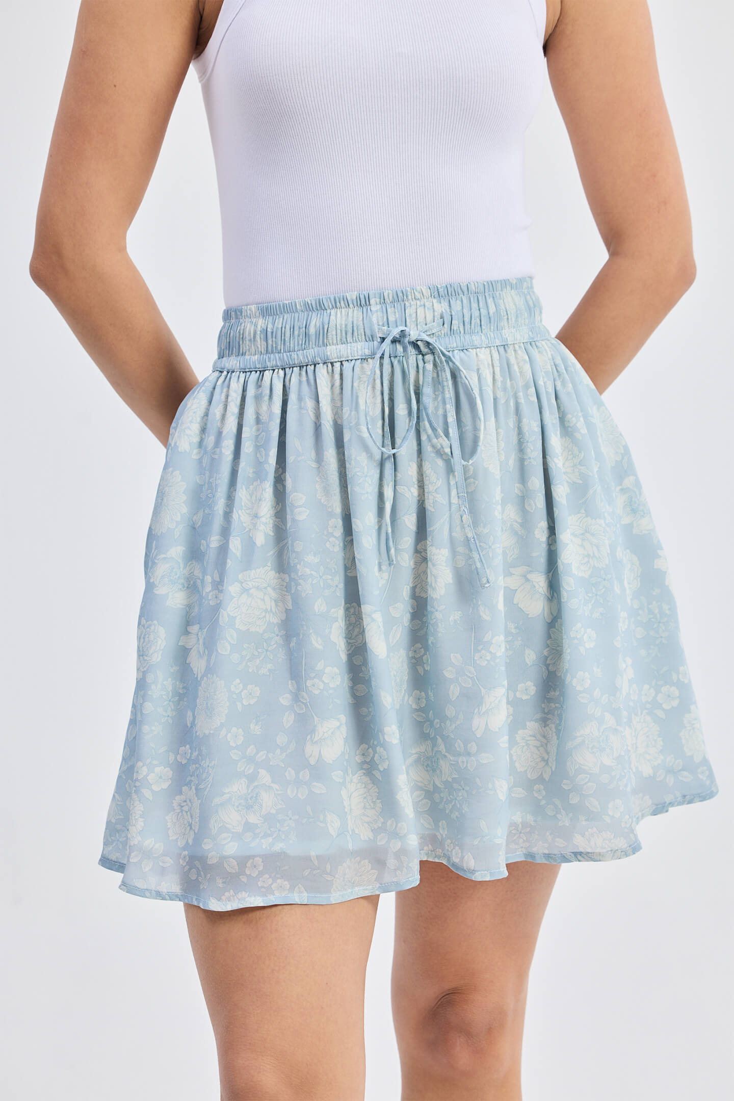 Drawstring Short Skirt in Blue Florals Closeup