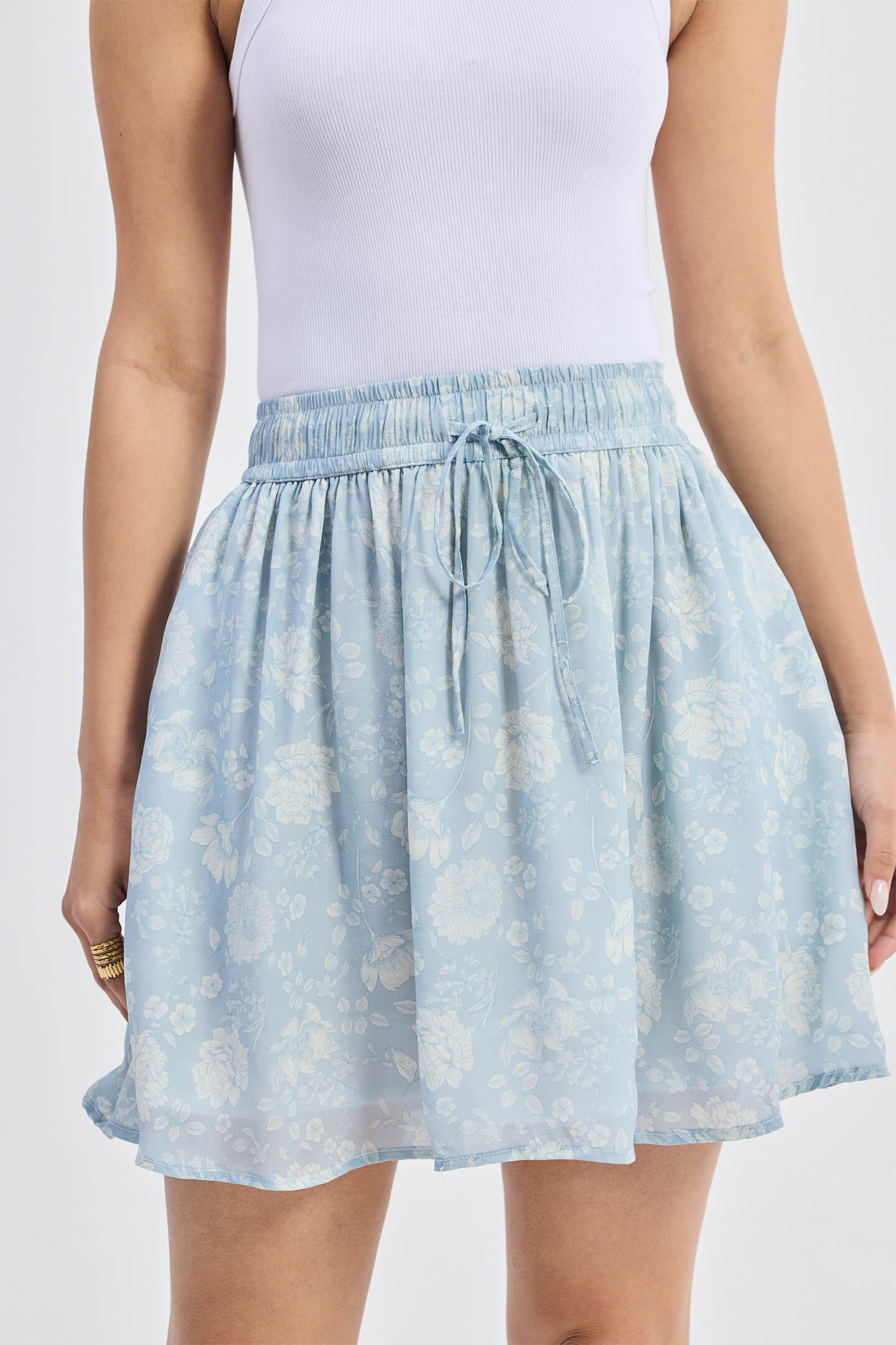Drawstring Short Skirt in Blue Florals Closeup