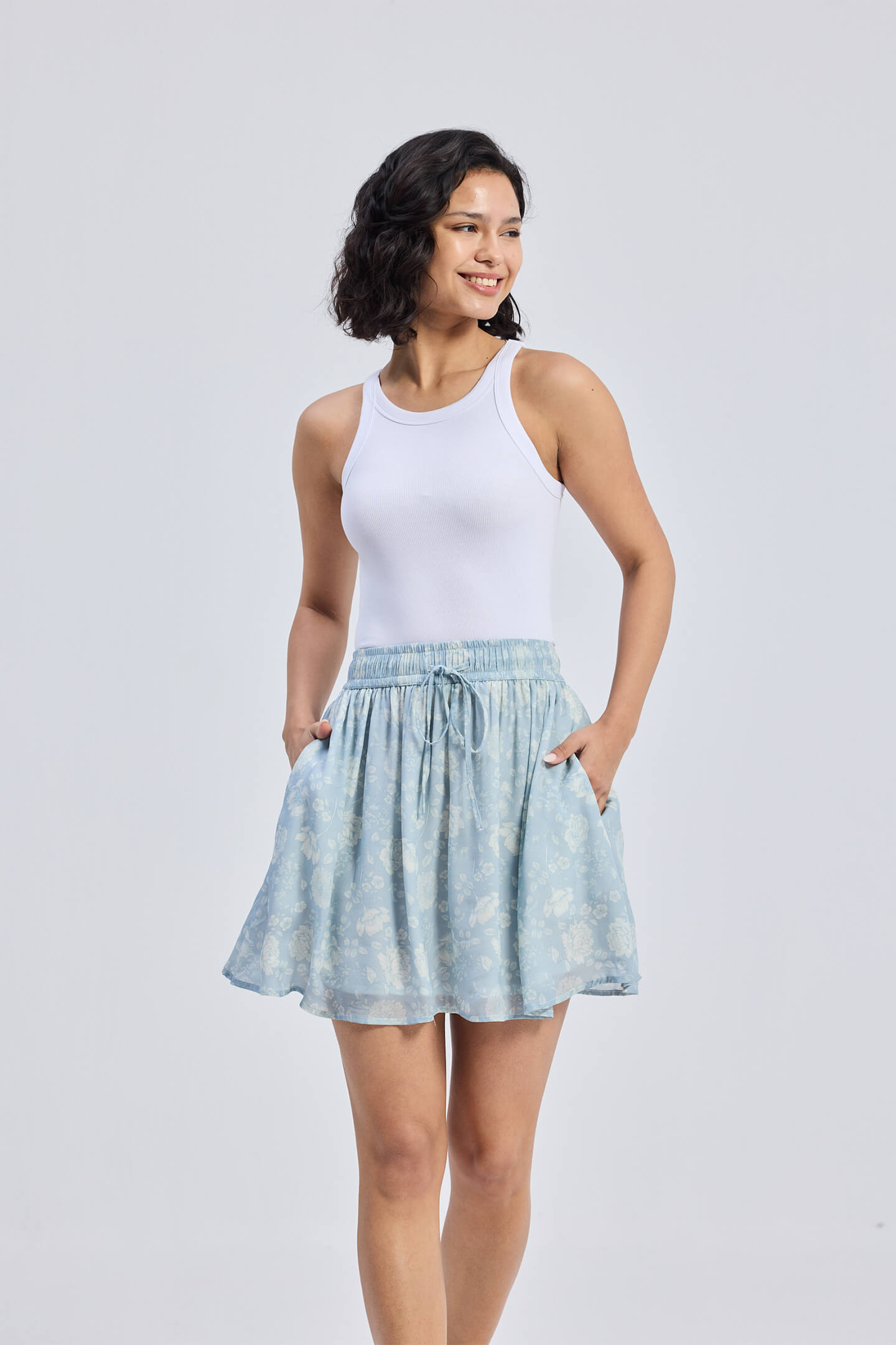 Drawstring Short Skirt in Blue Florals Moodshot