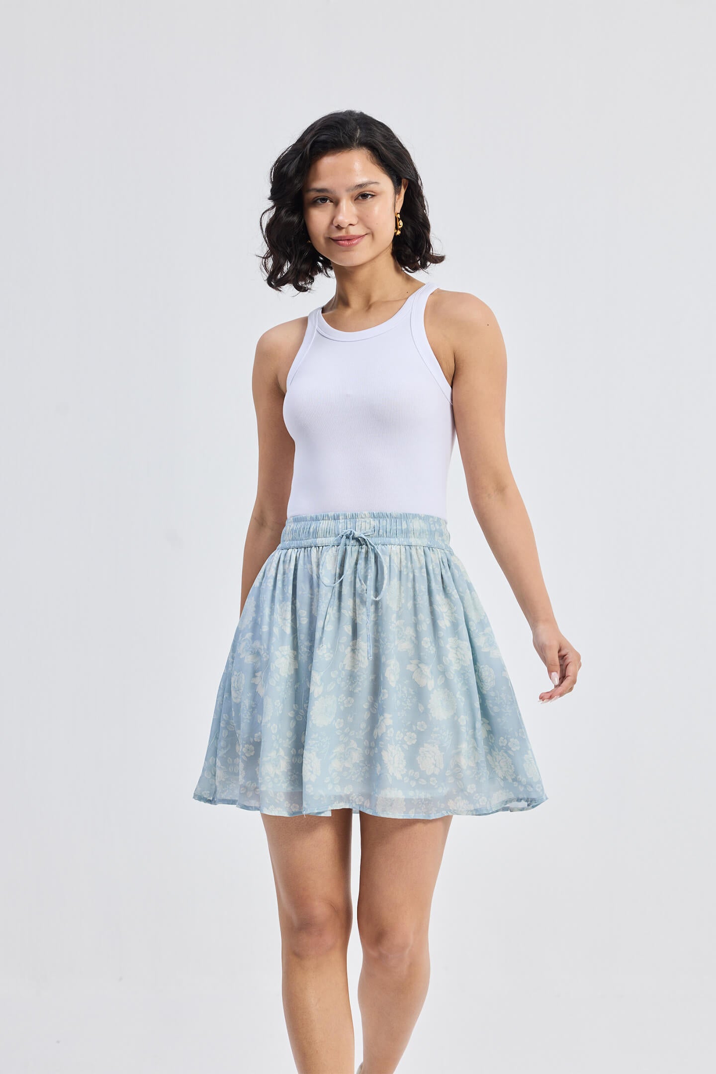 Drawstring Short Skirt in Blue Florals Moodshot