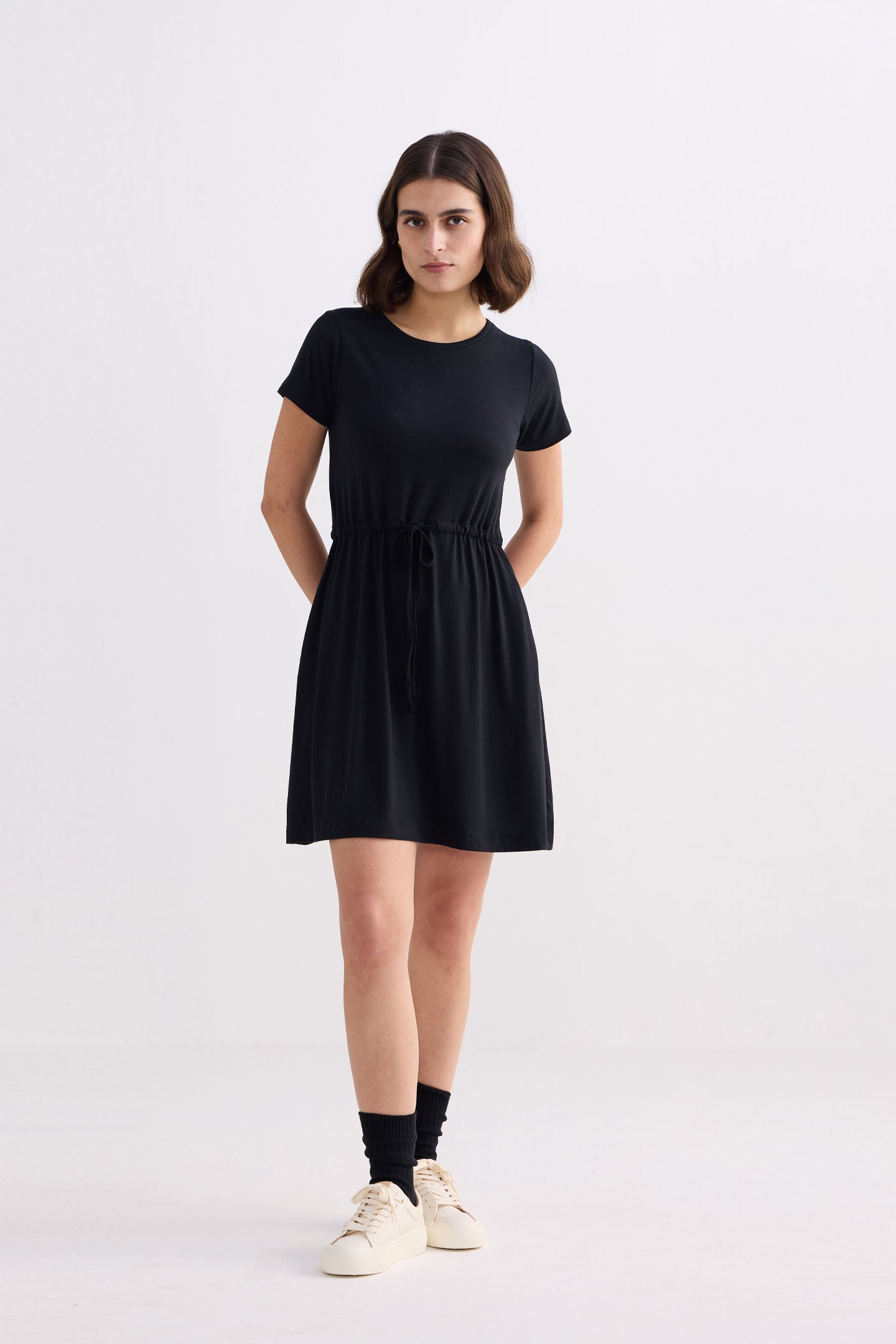 Drawstring Short T-shirt Dress in Black Front