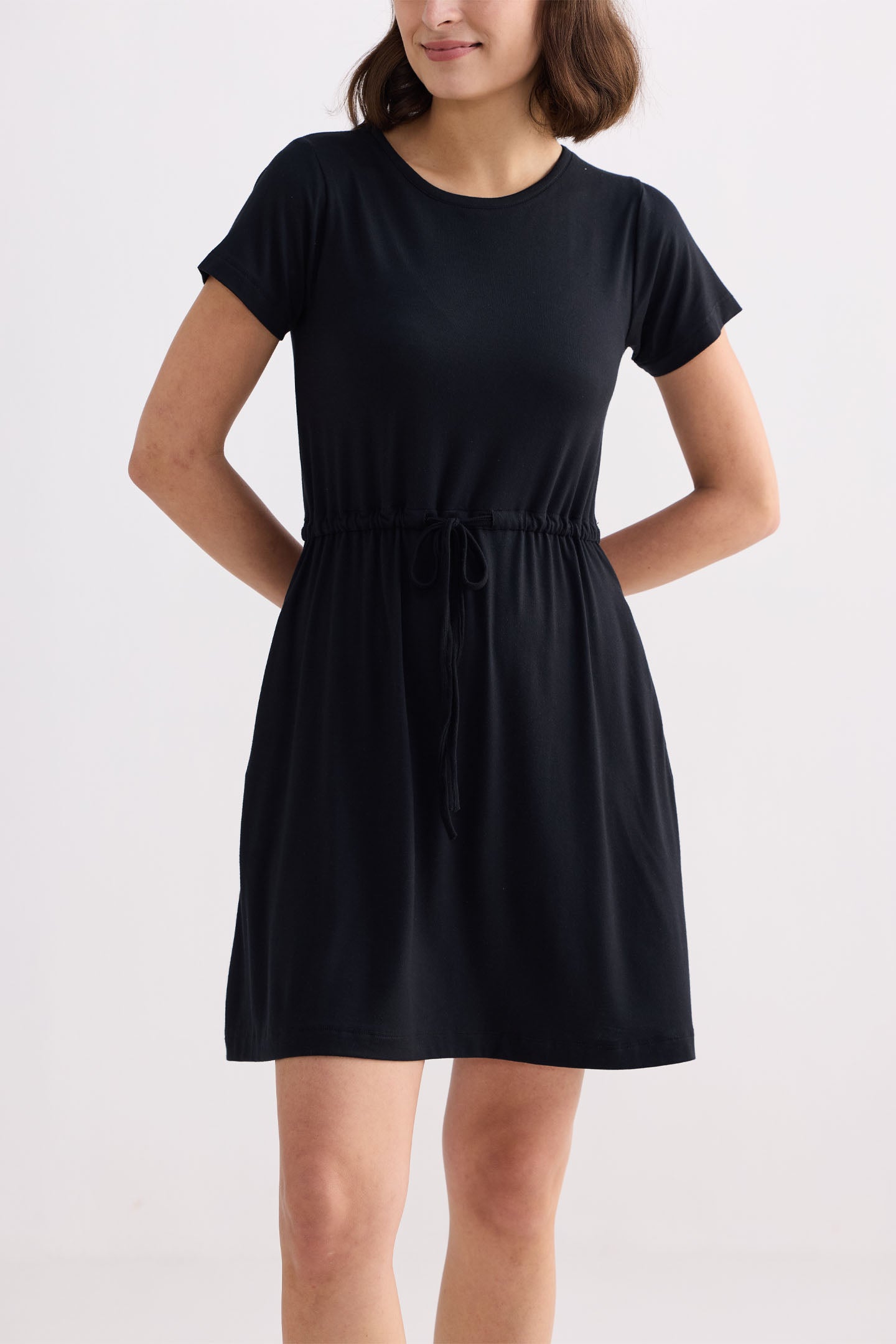 Drawstring Short T-shirt Dress in Black Closeup