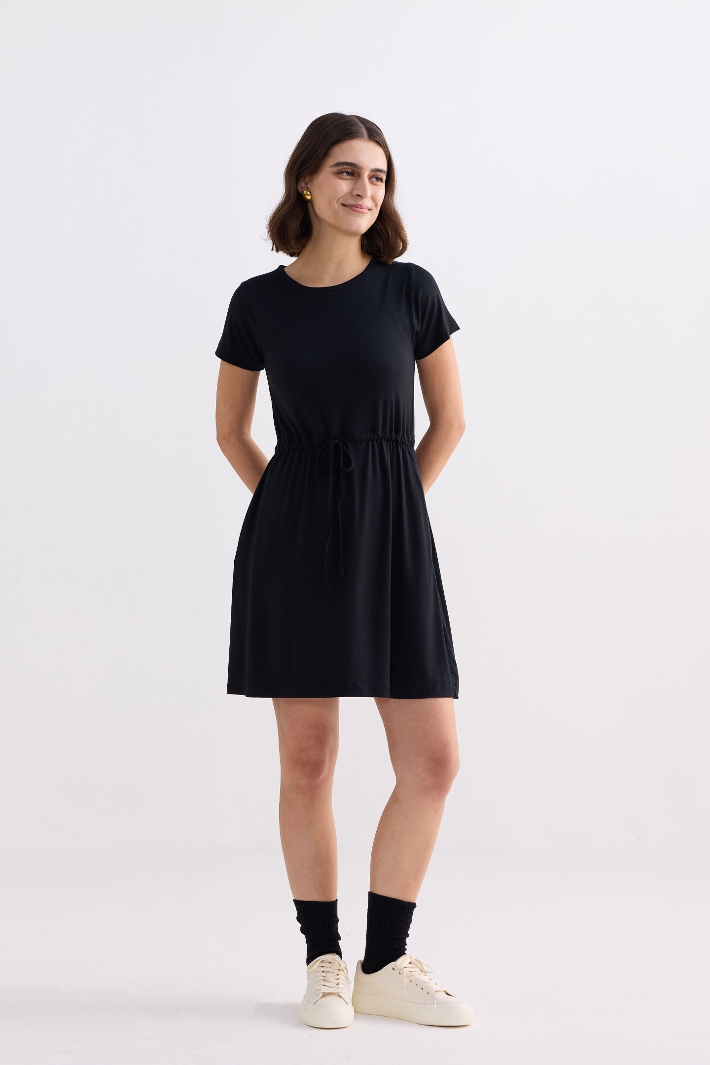 Drawstring Short T-shirt Dress in Black Front