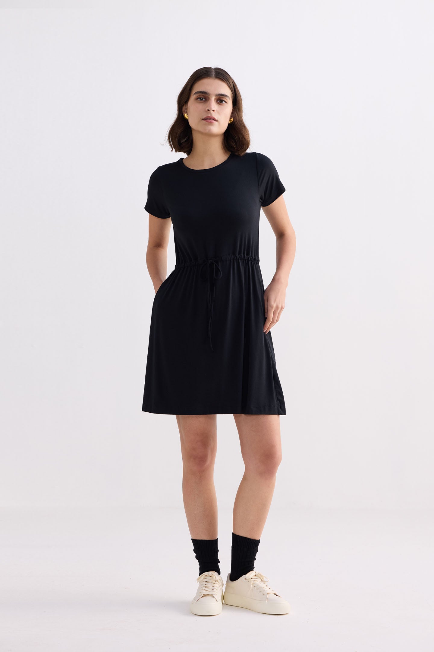 Drawstring Short T-shirt Dress in Black Front