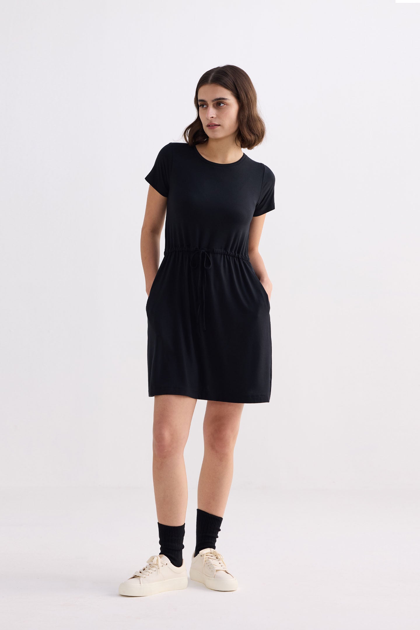 Drawstring Short T-shirt Dress in Black Front