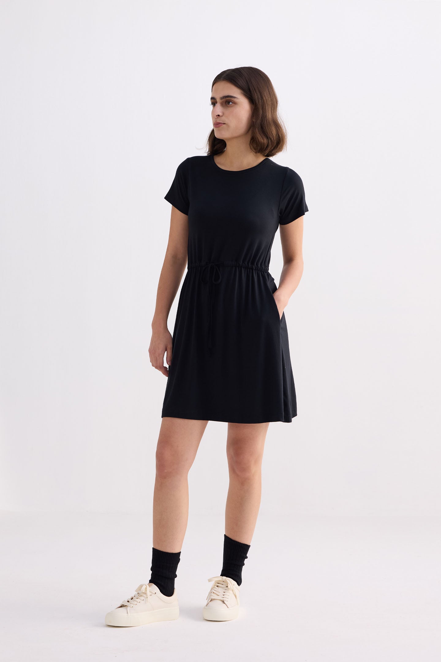 Drawstring Short T-shirt Dress in Black Front